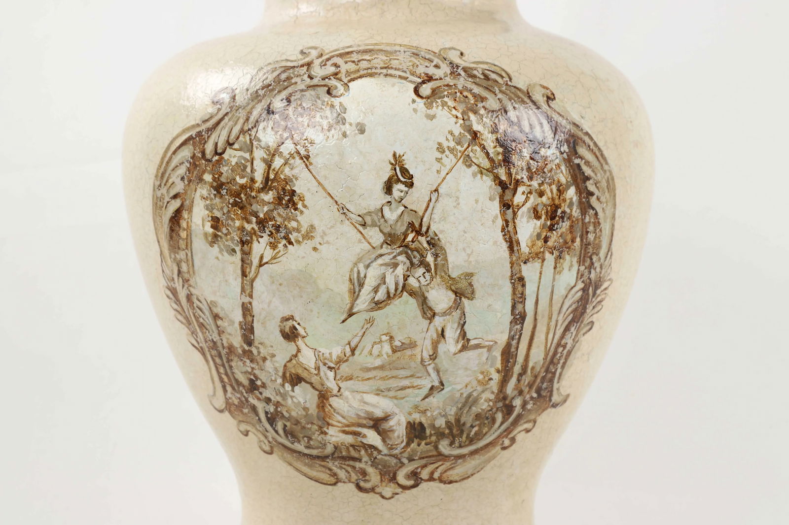 Vintage White Crackle Glaze Temple Jar Lamp With Reimagined "The Swing" by Fragonard - 3