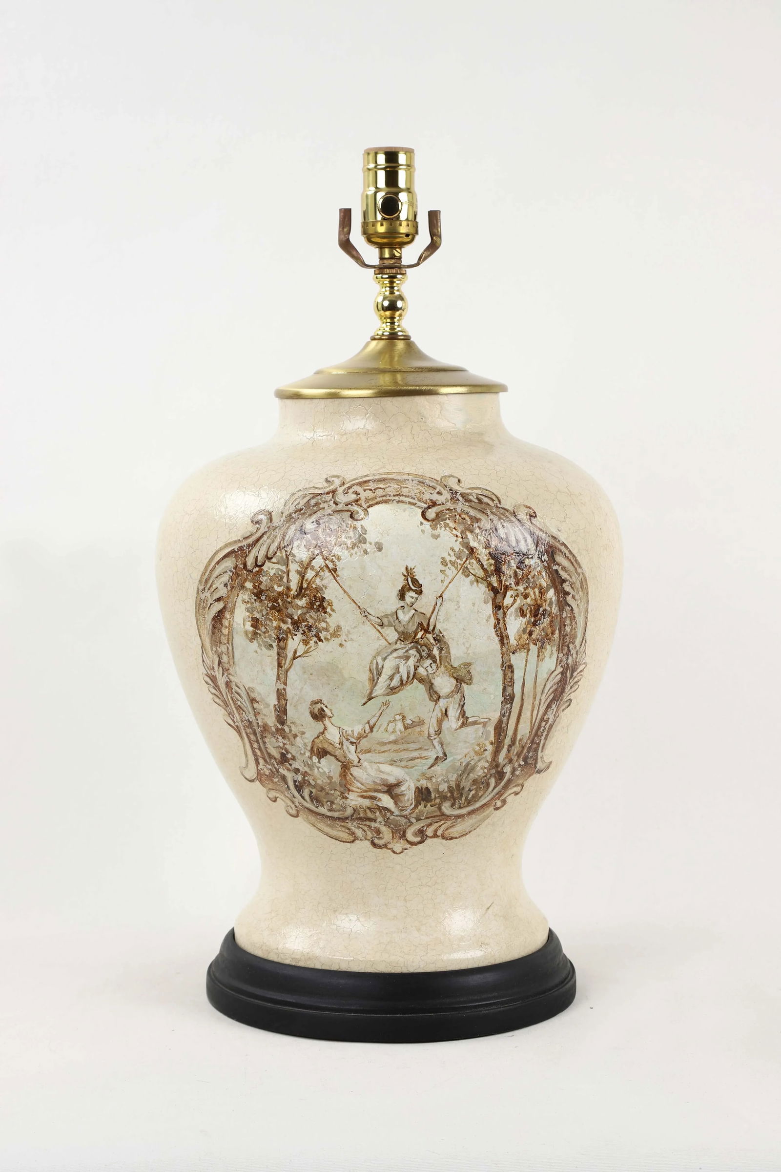 Vintage White Crackle Glaze Temple Jar Lamp With Reimagined "The Swing" by Fragonard - 8
