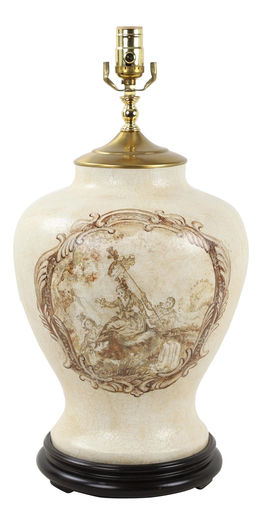 Vintage White Crackle Glaze Temple Jar Lamp: This vintage temple jar lamp with white crackle glaze is painted with a scene of a lady and two doting servants, one of which is holding the long parasol the lady is under. A singular tree on the