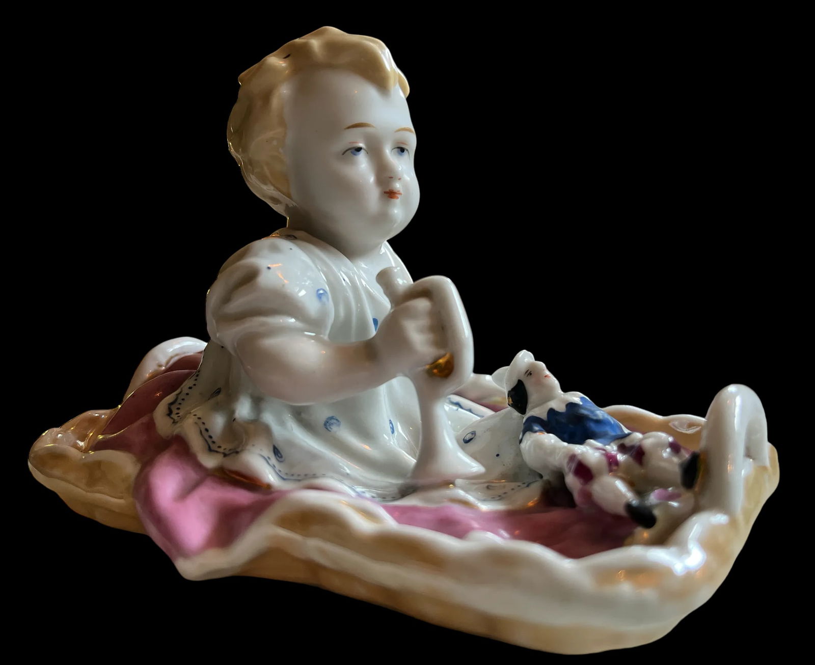 Antique 1880s Porcelain Fairing Trinket Memento Box Baby in Basket - 5