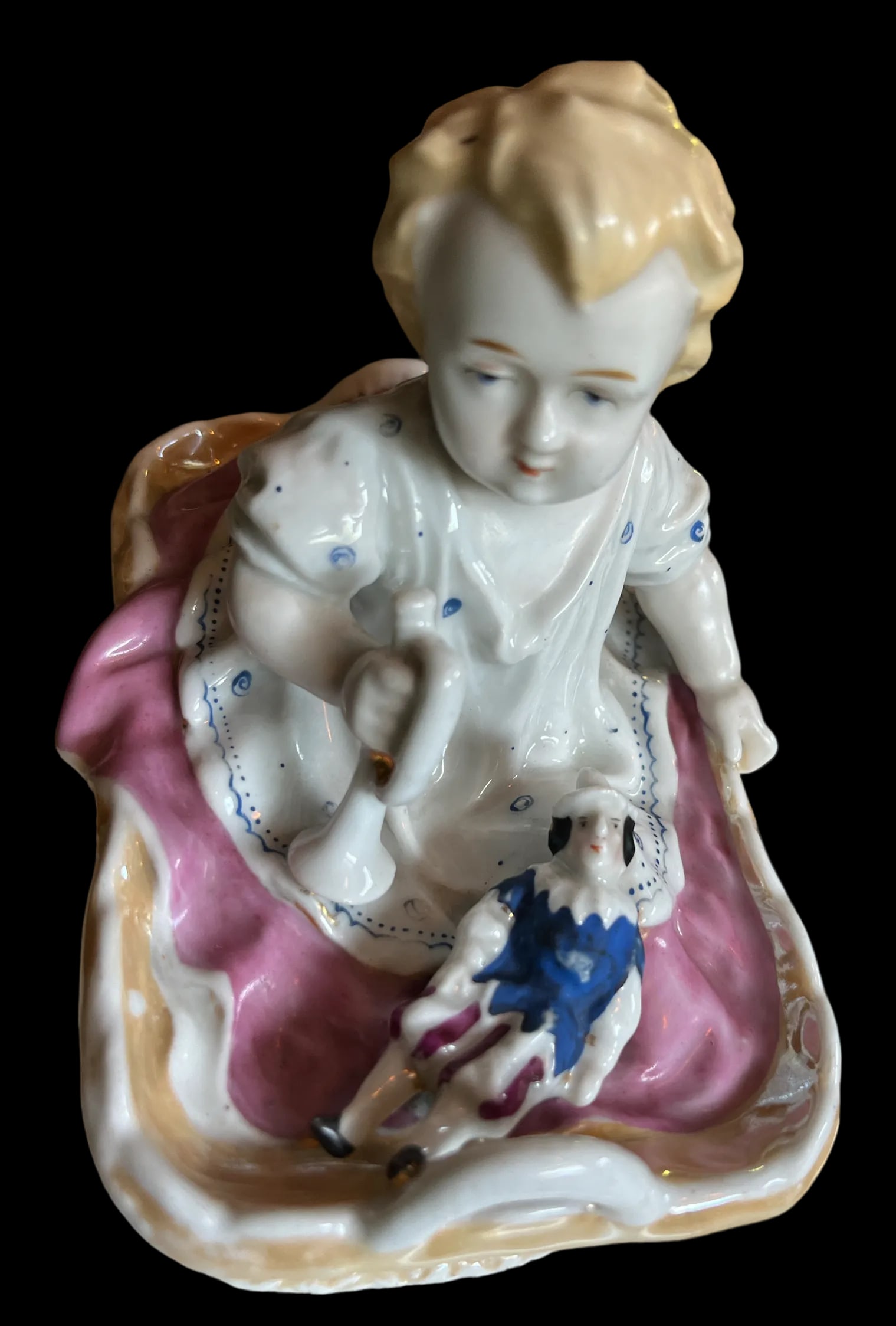 Antique 1880s Porcelain Fairing Trinket Memento Box Baby in Basket - 6