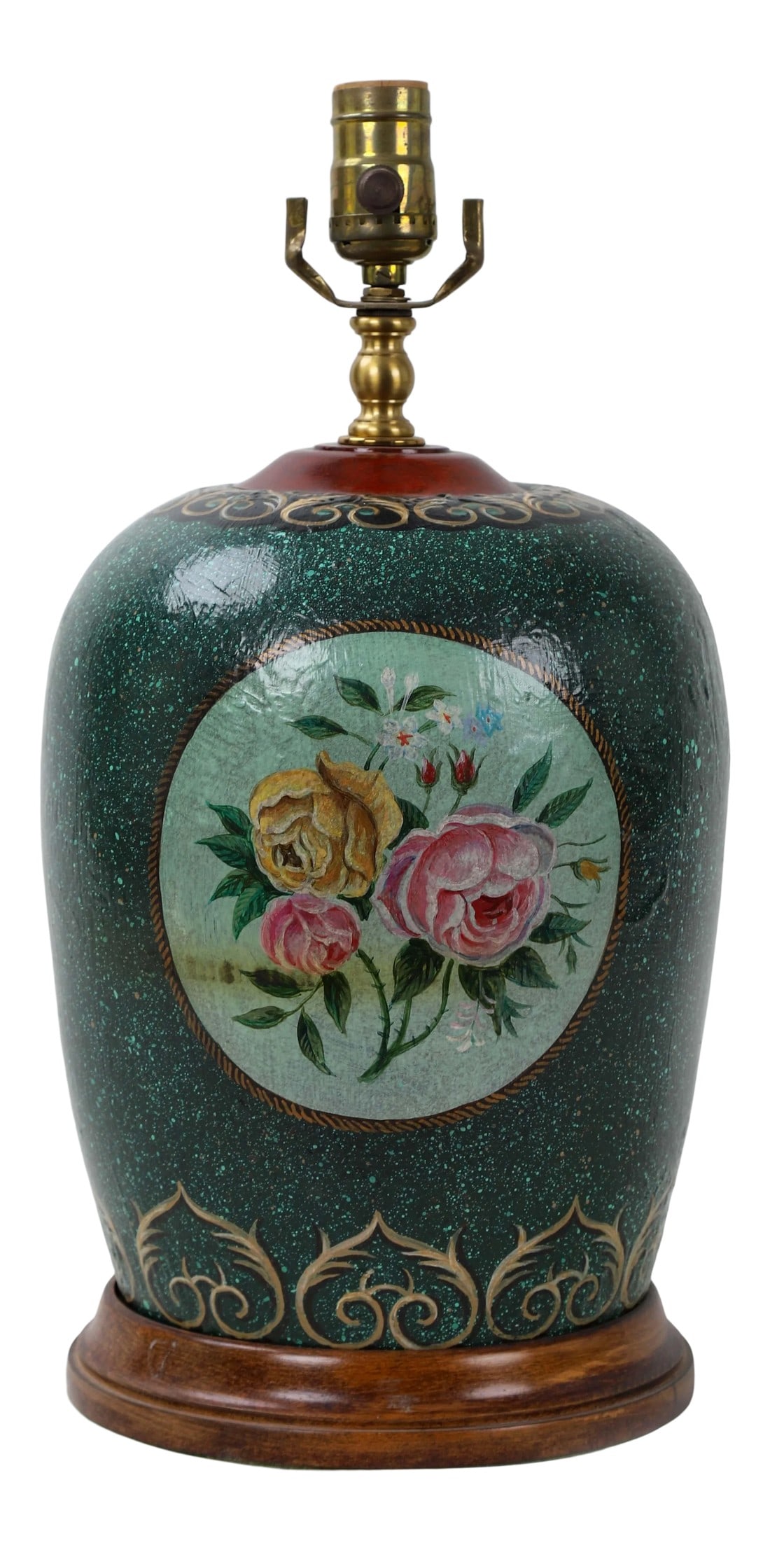 1970s Ginger Jar Lamp Featuring Windowed Flower Blooms: This ginger case lamp is glazed in a speckled green, and decorated in golden painted hearts and windowed flower blooms. Condition: Alterations: Original Condition Unaltered Imperfections: Some