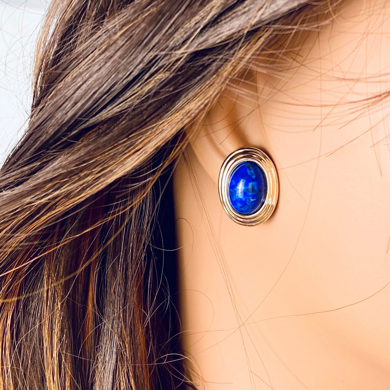 1990s Large Blue Lapis Lazuli 14 Karat Yellow Gold 0.90 Inch Long Stud Earrings - 2 Pieces - 10