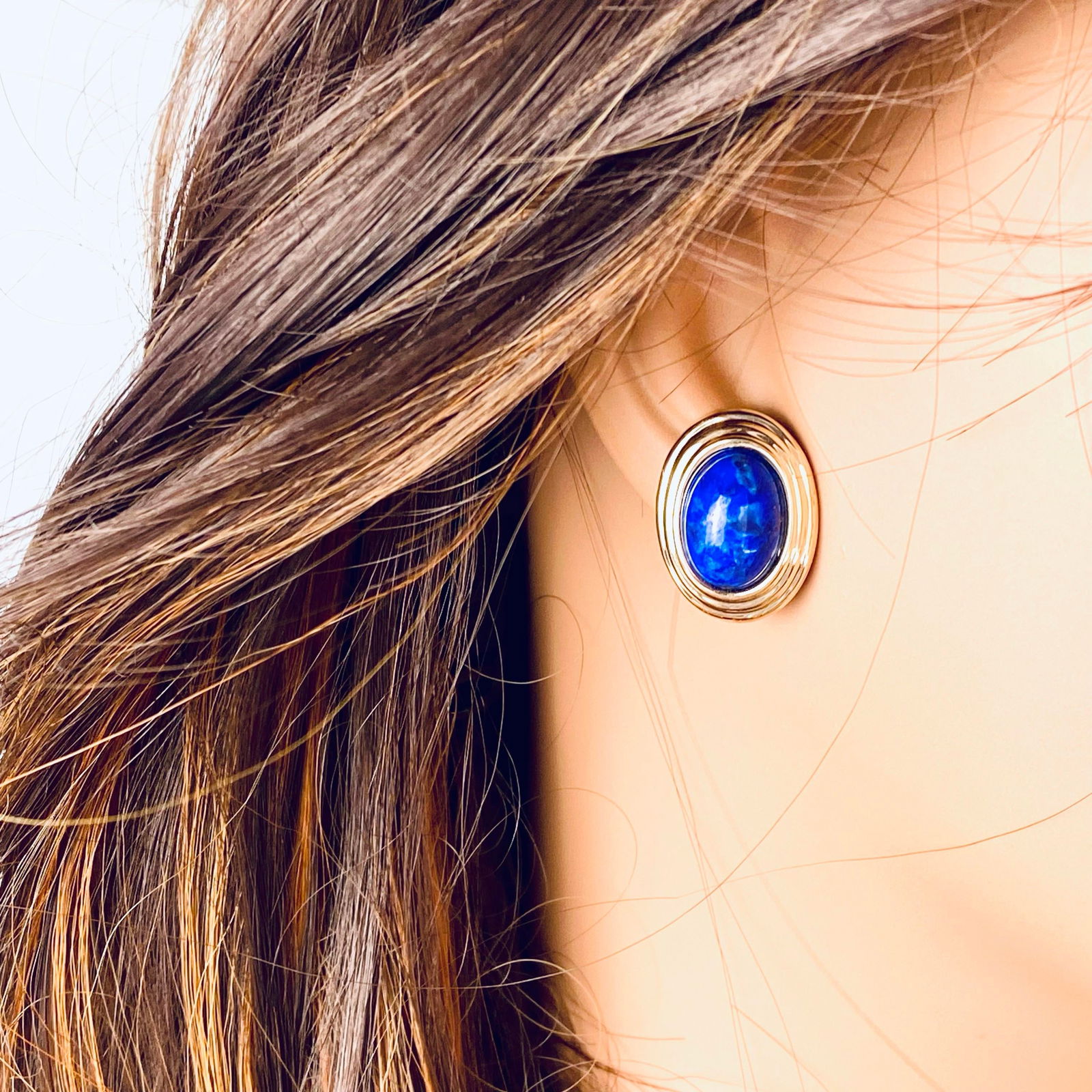 1990s Large Blue Lapis Lazuli 14 Karat Yellow Gold 0.90 Inch Long Stud Earrings - 2 Pieces - 11