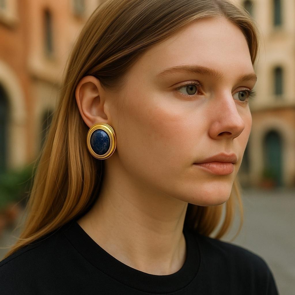 1990s Large Blue Lapis Lazuli 14 Karat Yellow Gold 0.90 Inch Long Stud Earrings - 2 Pieces - 2