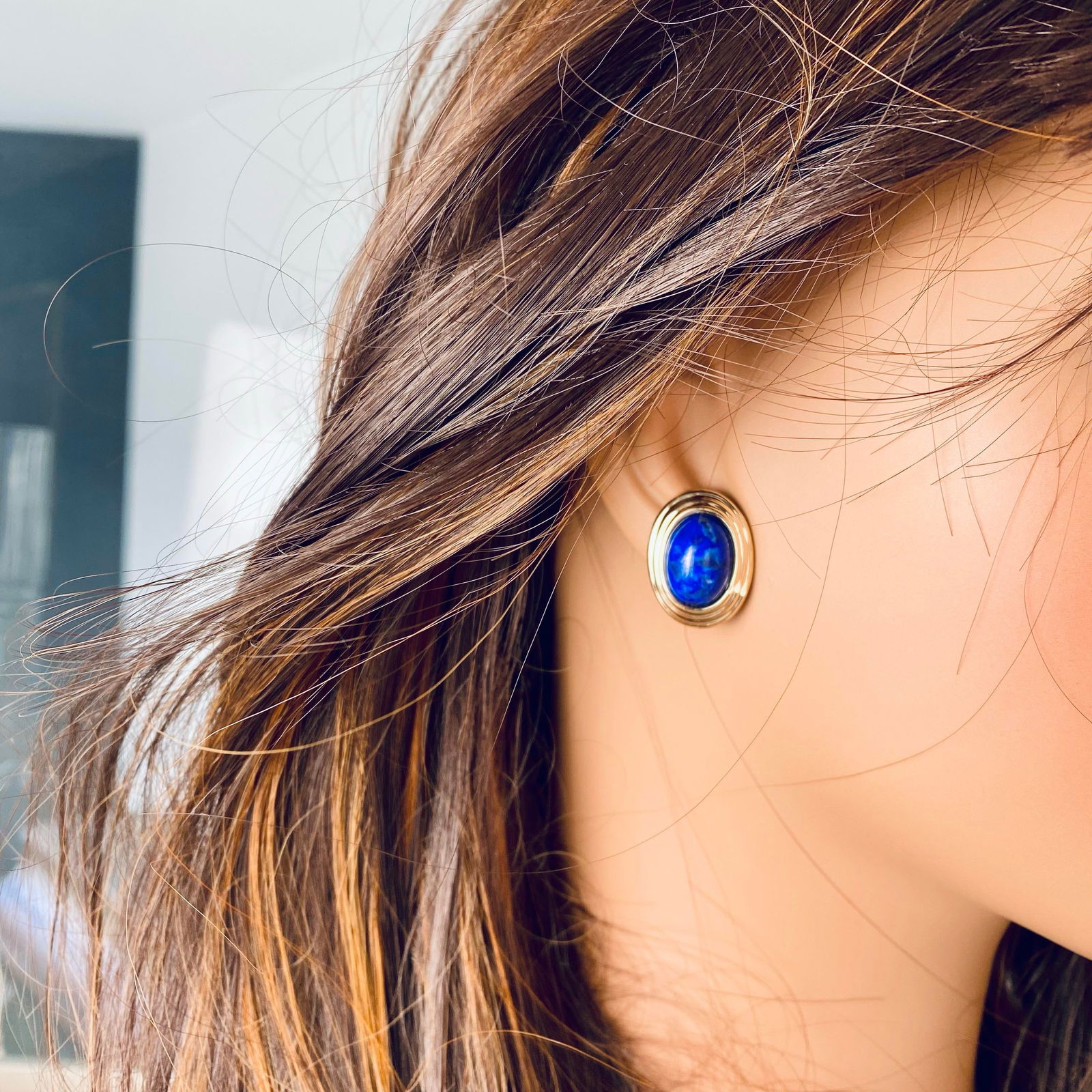 1990s Large Blue Lapis Lazuli 14 Karat Yellow Gold 0.90 Inch Long Stud Earrings - 2 Pieces - 4