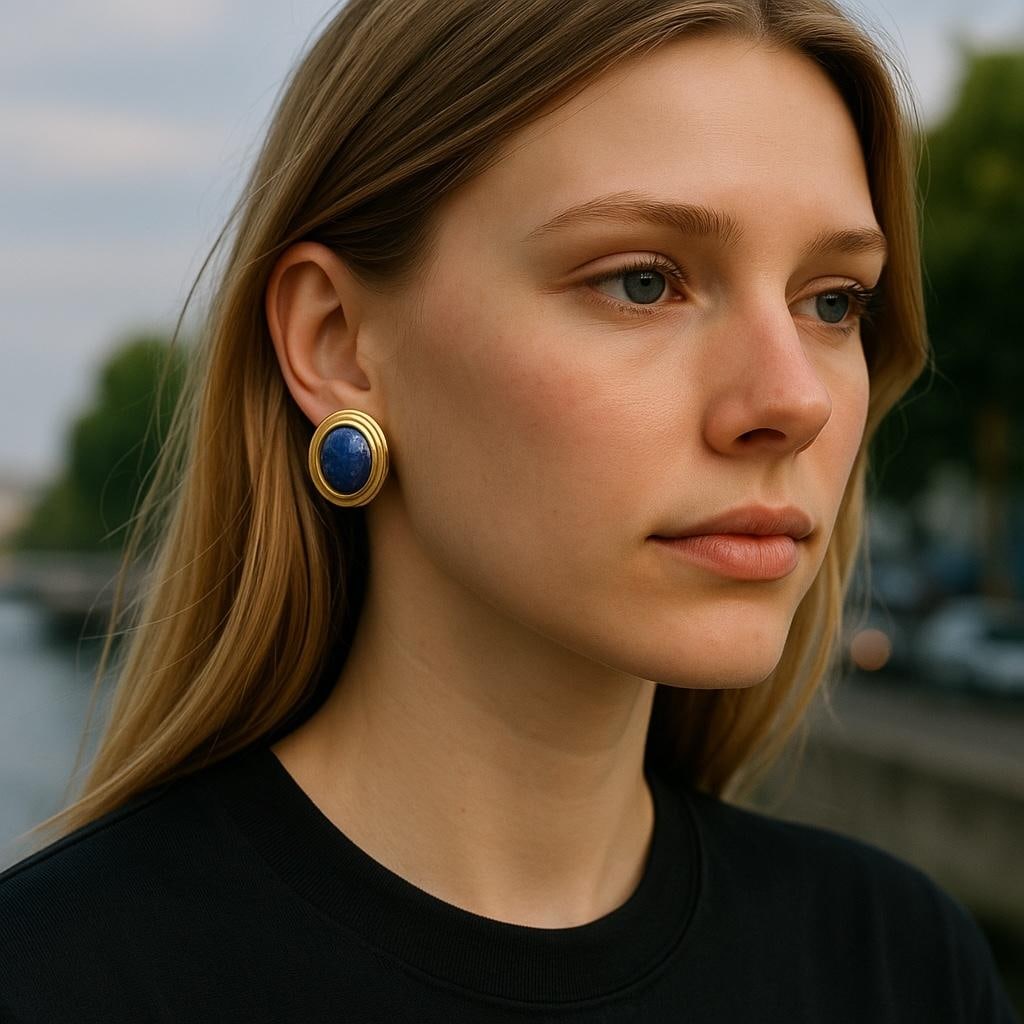 1990s Large Blue Lapis Lazuli 14 Karat Yellow Gold 0.90 Inch Long Stud Earrings - 2 Pieces - 5