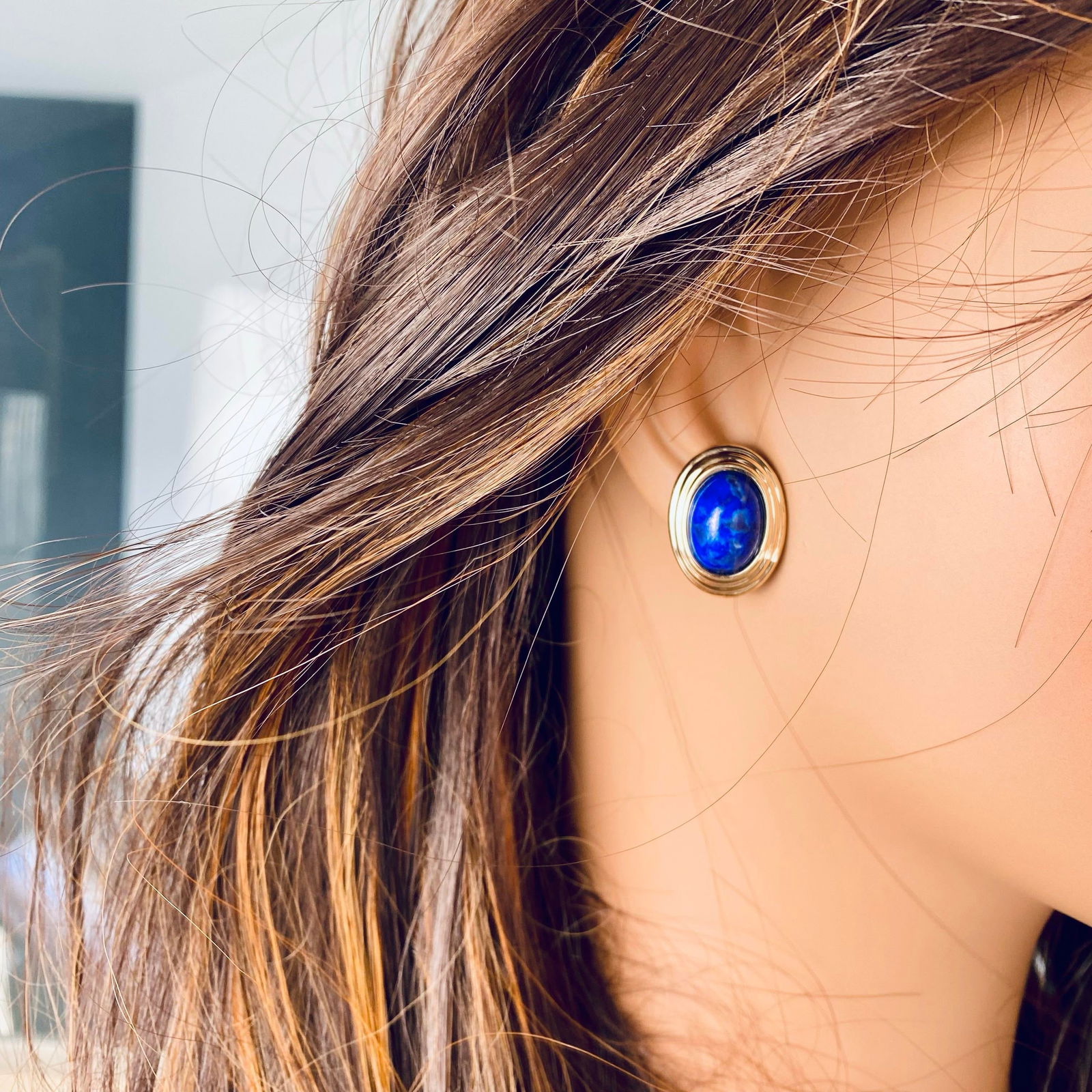 1990s Large Blue Lapis Lazuli 14 Karat Yellow Gold 0.90 Inch Long Stud Earrings - 2 Pieces - 8