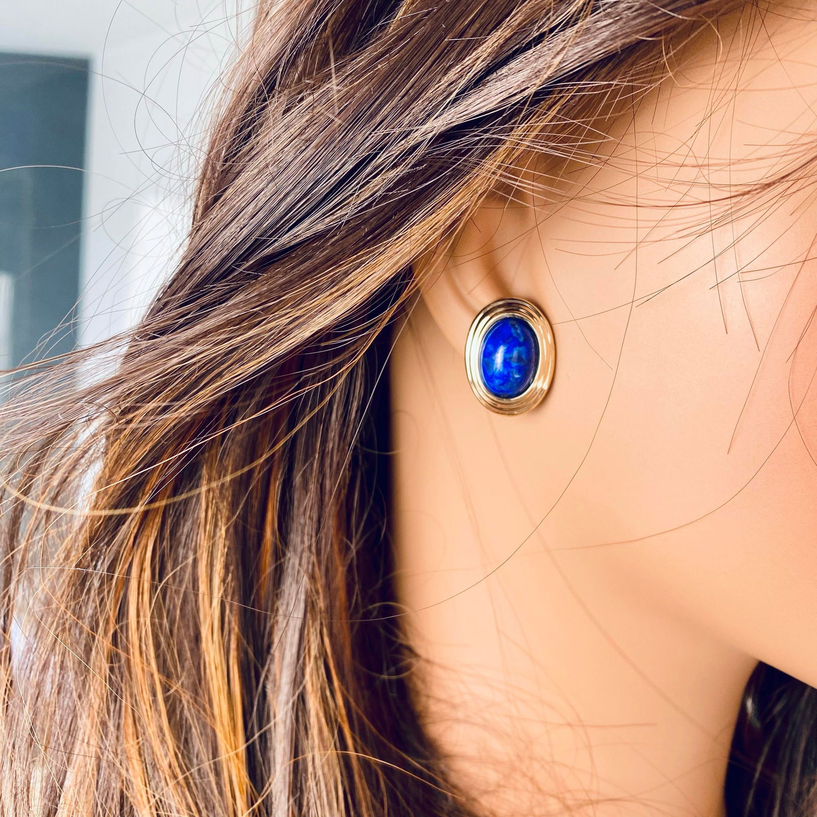 1990s Large Blue Lapis Lazuli 14 Karat Yellow Gold 0.90 Inch Long Stud Earrings - 2 Pieces - 9