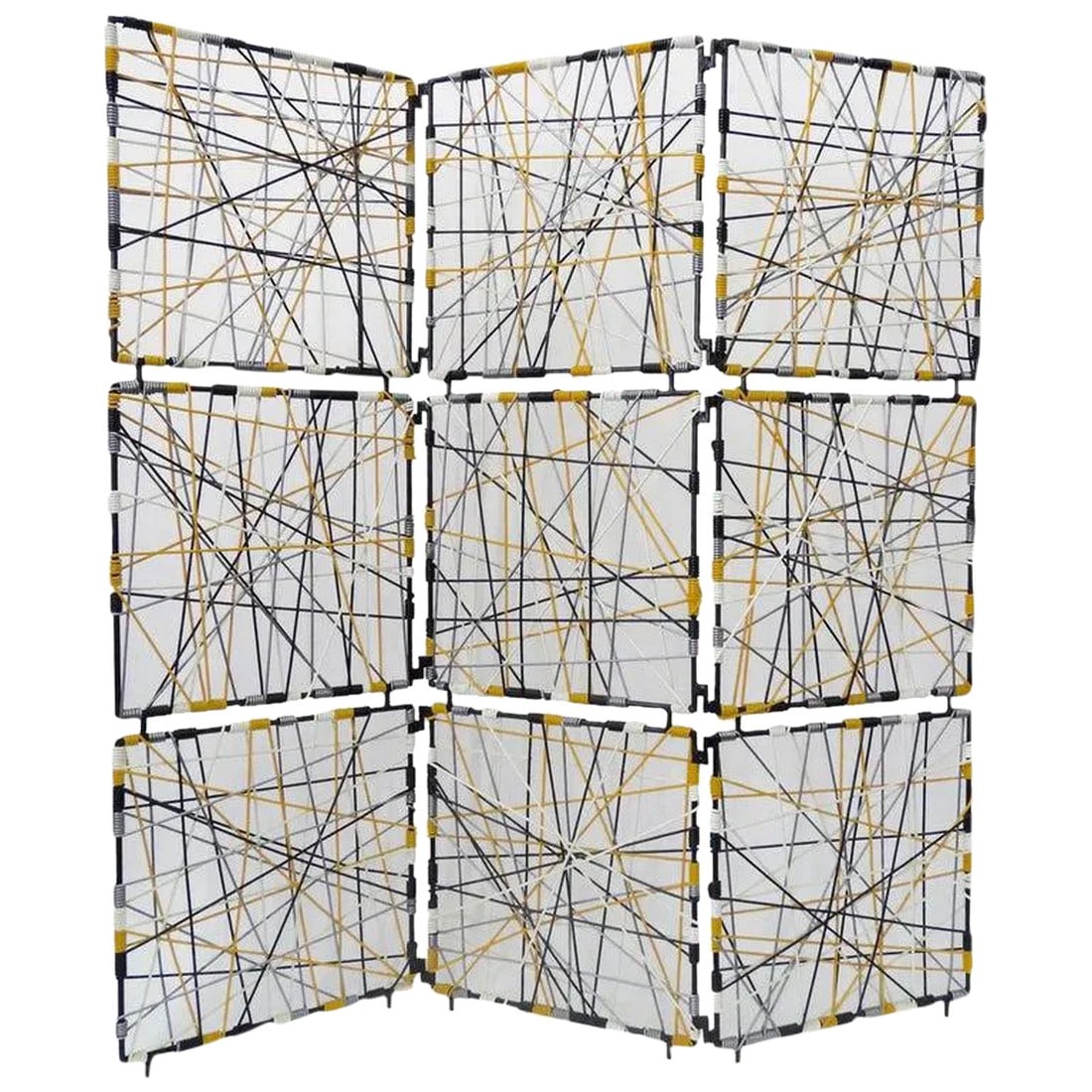 Mid-Century Modern Vinyl Cord Room Divider: Mid-Century Modern Vinyl Cord Room Divider. This 3 paneled room divider is made of durable vinyl cord and a steel frame. Cord colors: black, yellow, silver and white Ships from Los Angeles. 