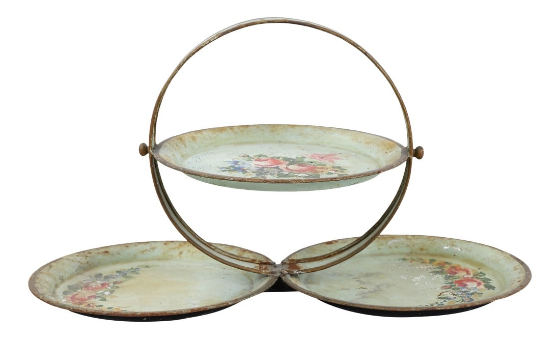 Vintage 3 Plate Tray Decorated in Flower Bouquets And: This vintage 3 plate tray features bouquets of flowers against a muted mint green. Two plates are welded together at the bottom, and at the top, the plate has been welded to bolts that attach to a