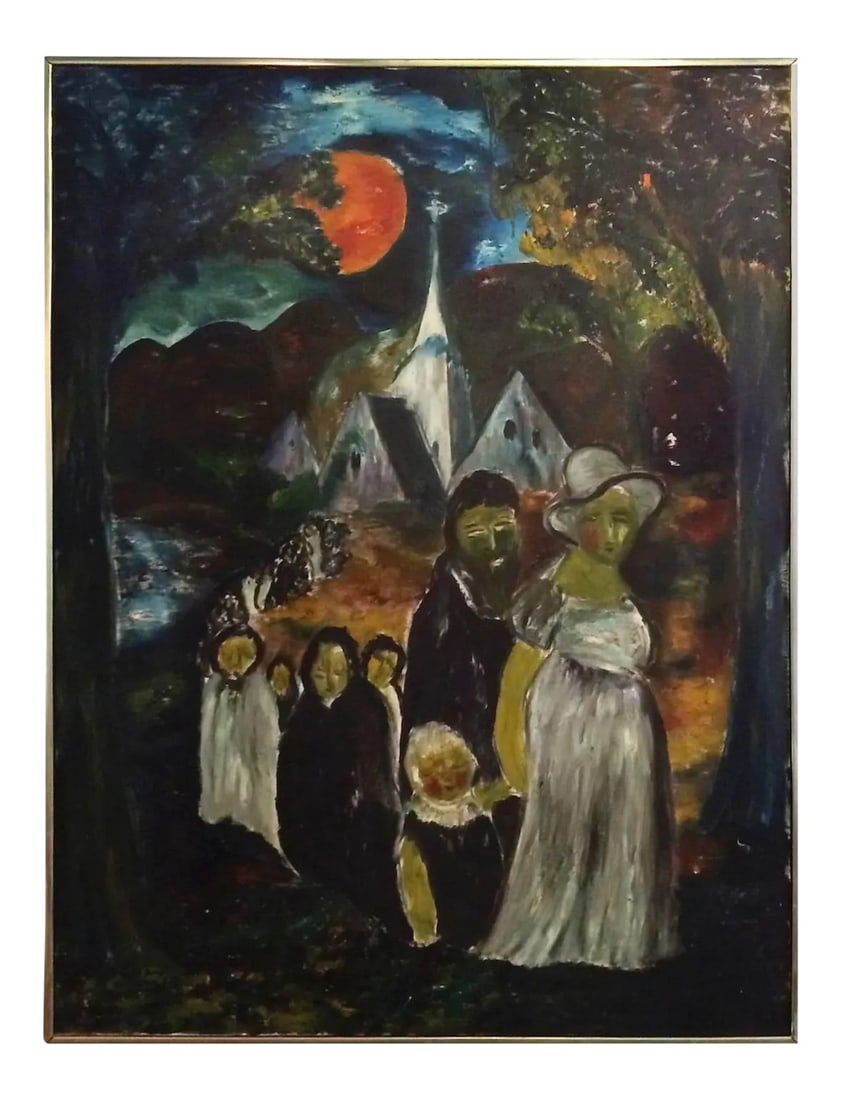1960s Vintage Large Folk Art Acrylic Painting: Large impressive Folk Art acrylic painting of a haunting, moonlit, church procession is signed by the Danish born artist and dated 1963. There is one small tear in the canvas as shown. Frame is