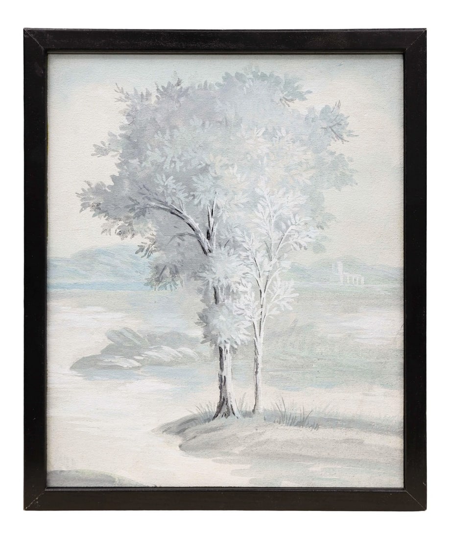 1980s Tree in Landscape Framed Painting: Framed vintage painting of a pair of trees in the foreground, with hills and the faint hint of a monastery in the background, all painted in shades of white and gray on canvas. Condition:
