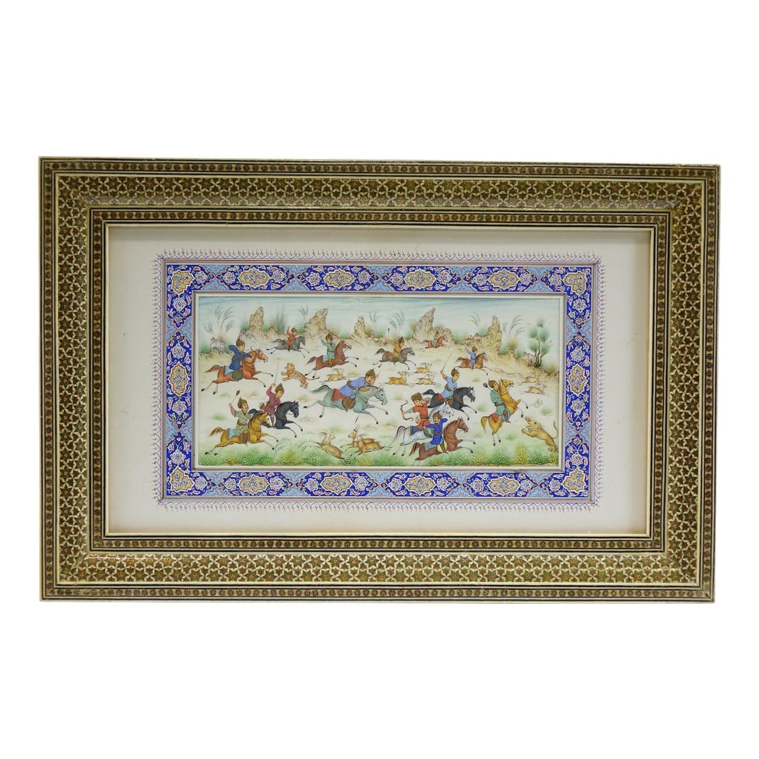 Late 20th Century Persian Khatam Inlaid With Artwork Paint on Faux Ivory Signed Original, Framed: Persian Khatam Inlaid Frame with Original Artwork – Paint on Faux Ivory, Signed – 14" x 14" This exquisite piece combines the rich heritage of Persian craftsmanship with the intricate