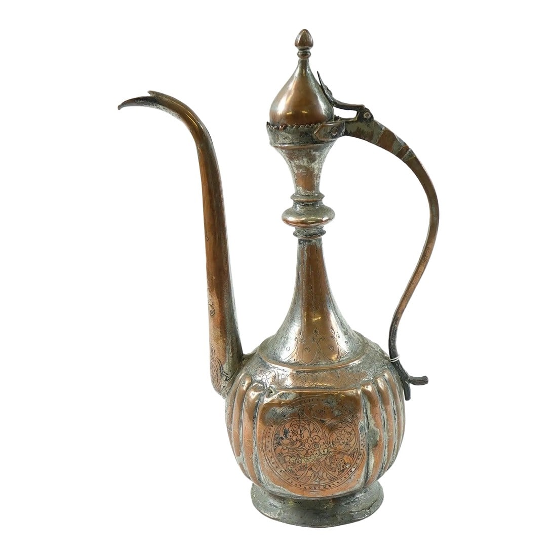 Antique Copper Middle Eastern Water Ewer: Antique Copper Middle Eastern/Persian Water Ewer - 10.5" x 5" x 16" This stunning antique copper water ewer is a fine example of Middle Eastern or Persian craftsmanship, showcasing both practicality a
