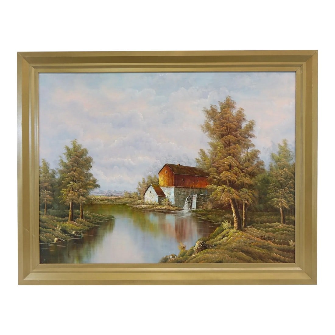 The Mill Large Original Oil on Canvas Signed: This substantial oil on canvas, titled The Mill, measures an impressive 55" x 43" and depicts a tranquil, rustic scene. The artist has signed the piece, marking it as a unique original. This artwork