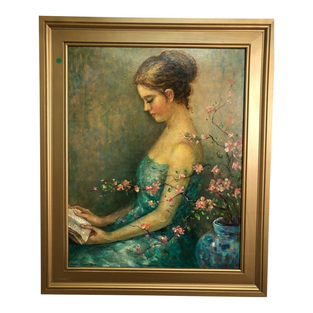 Mid 20th Century **"In the Company of Words" - Oil Painting on Board Signed: This oil-on-board painting depicts a graceful woman seated in quiet contemplation, absorbed in the pages of an open book. She is shown in a side-angle pose, holding the book. She wears a strapless