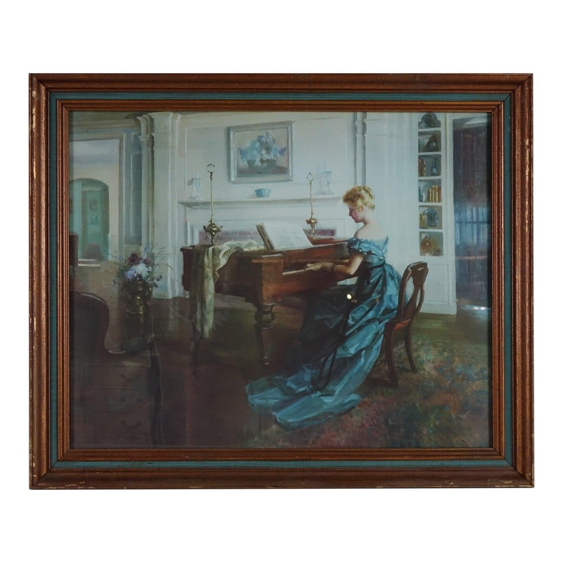 Late 20th Century Woman at the Piano" – Print of Original Oil on Canvas: This elegant print of an original oil on canvas depicts a woman in a stunning green dress, seated at a piano with her back gracefully turned. The scene captures the richness of a detailed interior,