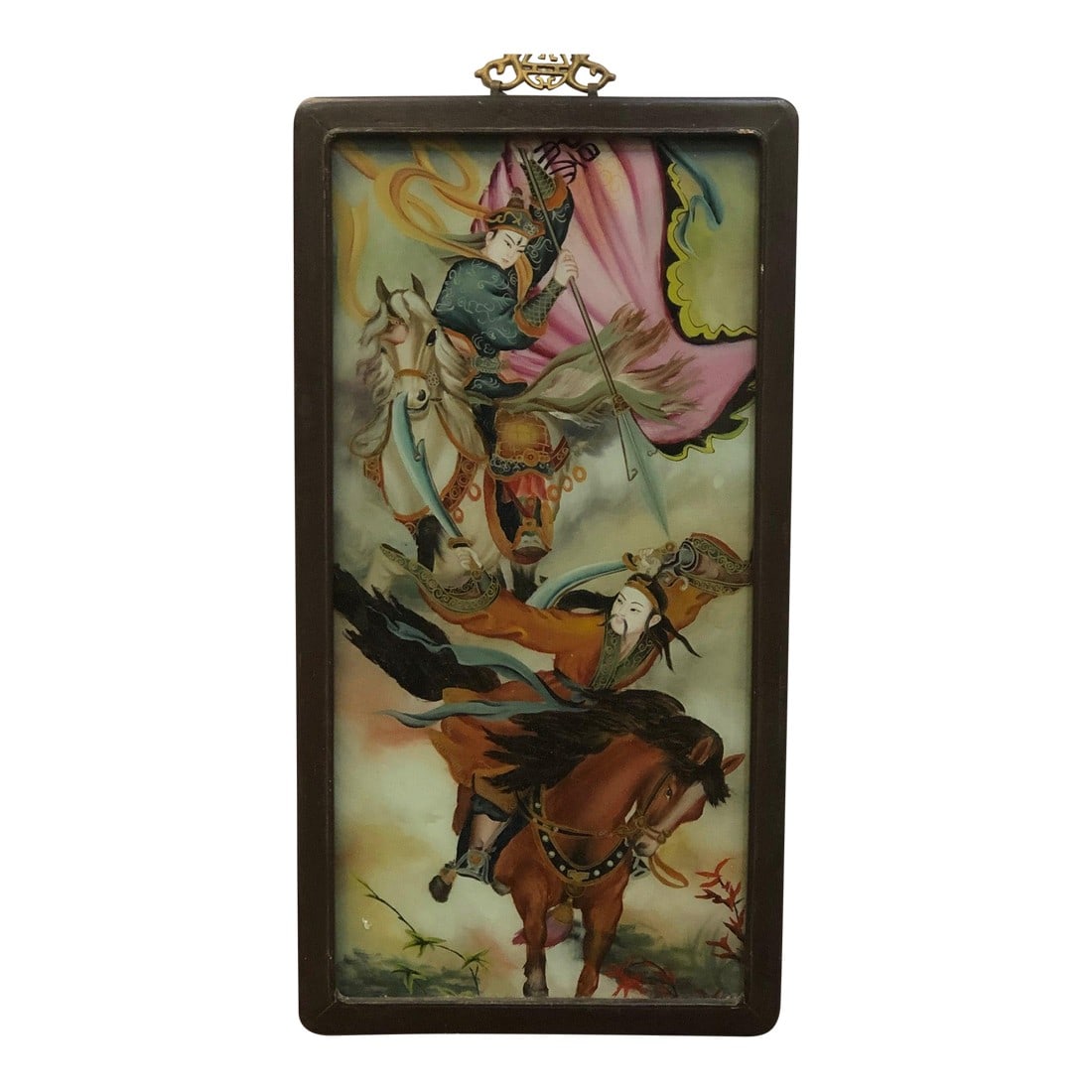 Early 20th Century Antique Japanese Reverse Glass Painting Original, Framed: Antique Japanese Reverse Glass Painting, Original – 12" x 23" This dramatic and vibrant antique Japanese reverse glass painting captures a dynamic battle scene in exquisite detail. Measuring 12