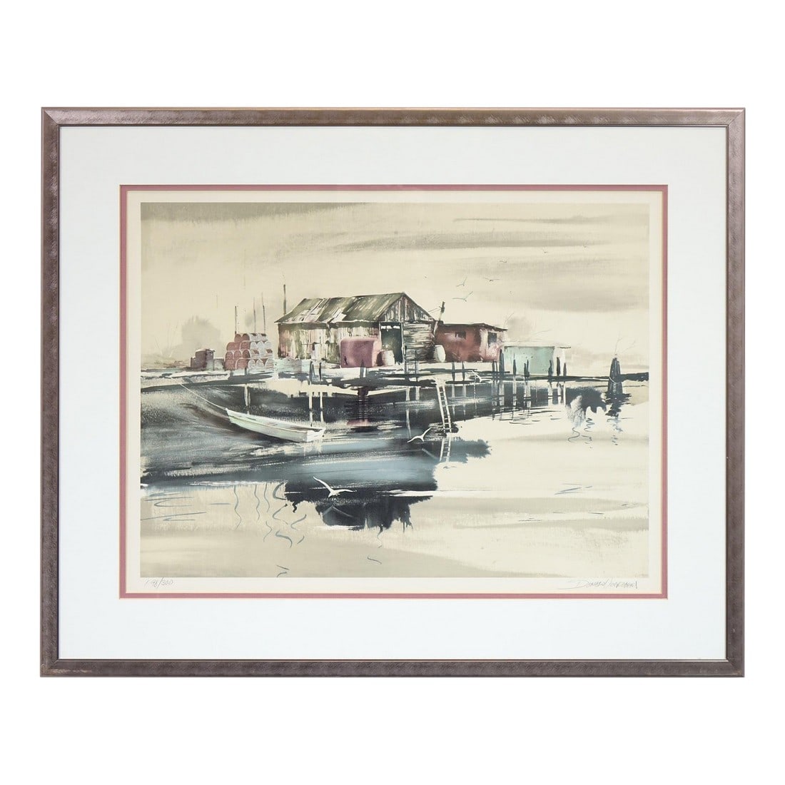 Late 20th Century Dock and Boats – Signed Lithograph: This signed lithograph features a white background that accentuates a detailed depiction of a dock with boats, creating a serene and balanced composition. The minimalist use of space draws focus to