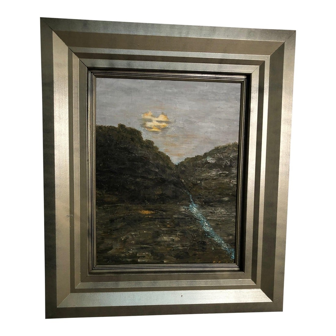 Late 20th Century Original Oil on Canvas – Impressionist Landscape With Moonlight: This original impressionist oil painting on canvas captures a moody, atmospheric landscape illuminated by soft moonlight. Featuring mountains, a winding stream, and a palette dominated by rich grays a