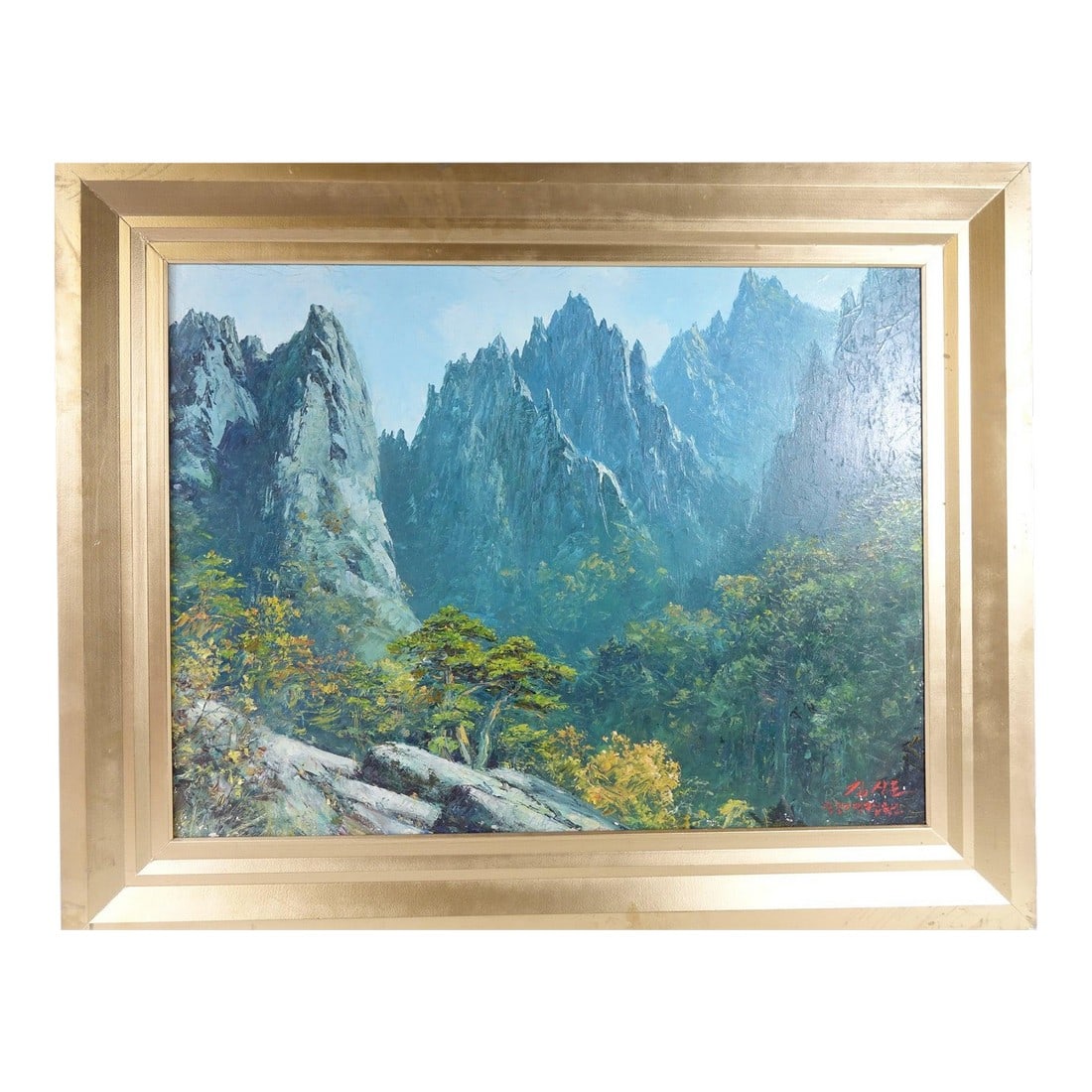 Mountain Vista From a Cliff – Original Oil on Canvas, Signed: This breathtaking original oil painting depicts a serene landscape viewed from a cliff, with lush trees and distant mountains stretching into the horizon. The use of soft greys and vibrant greens