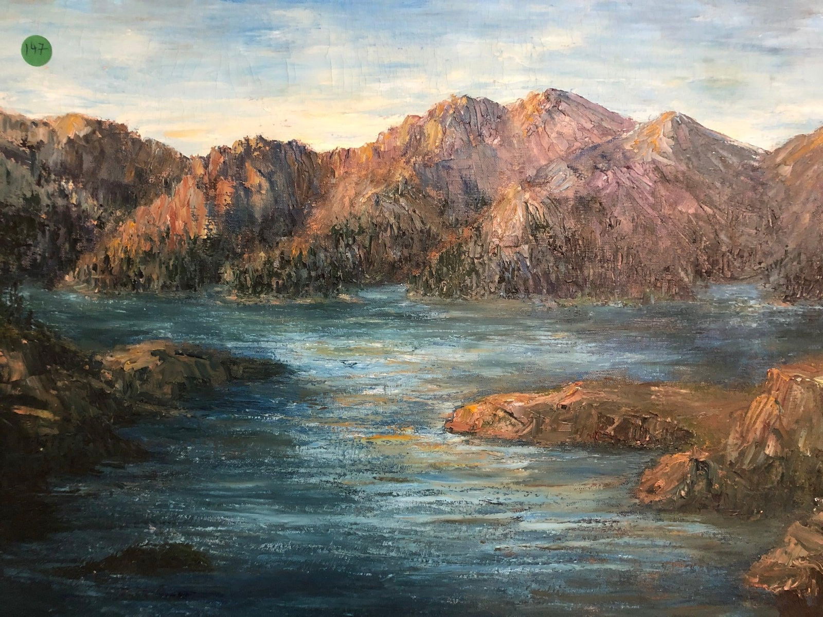 Mid 20th Century River and Mountains – Original Oil on Canvas - 3
