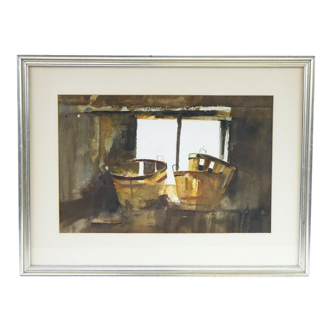 Mid 20th Century Still Life – Baskets, Original Watercolor on Paper: This original watercolor on paper depicts an impressionist still life of wastebaskets placed next to a sunlit window, capturing the interplay of light and shadow with delicate, expressive brushwork. T