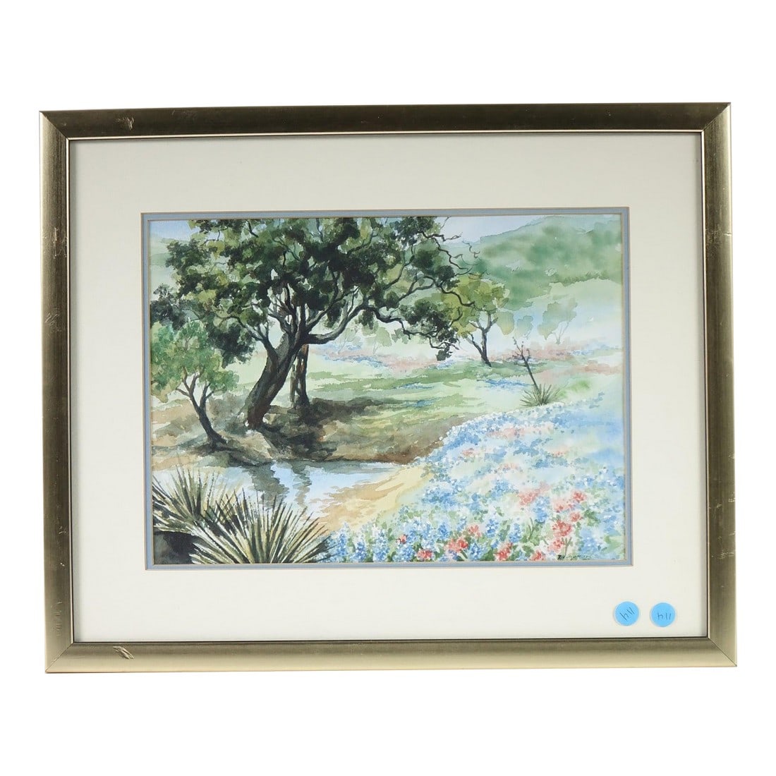 Vintage Framed Watercolor Landscape Painting – Pastoral Scene: Vintage Framed Watercolor Landscape Painting – Pastoral Scene Charming vintage watercolor painting depicting a tranquil pastoral landscape with mature trees, a flowing stream, and colorful