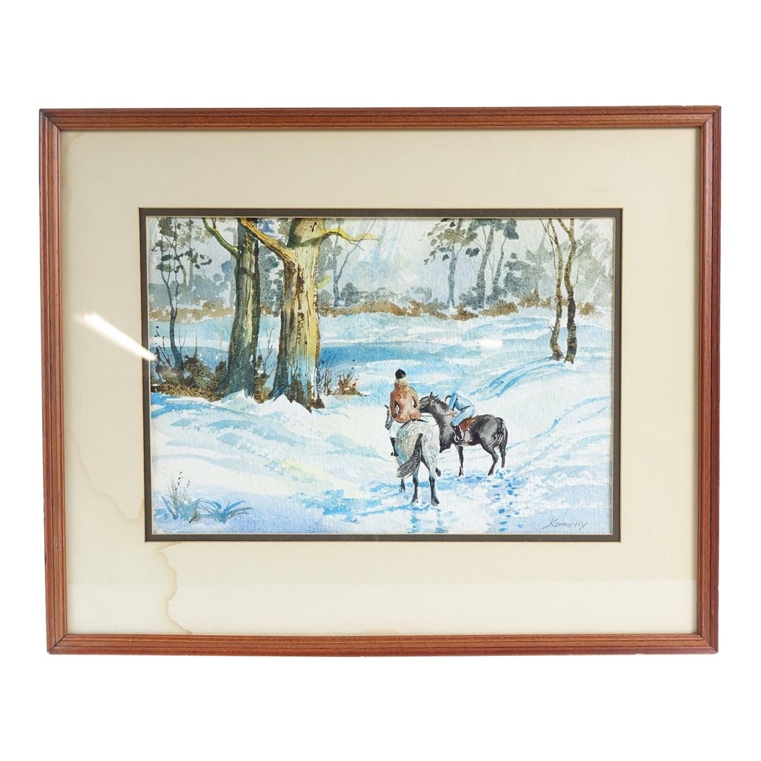 Late 20th Century Through the Woods - Original Watercolor on Paper Signed: This beautifully serene watercolor painting captures a quiet yet compelling winter moment with delicate artistry. A lone rider on horseback leads another horse through a snowy woodland path,