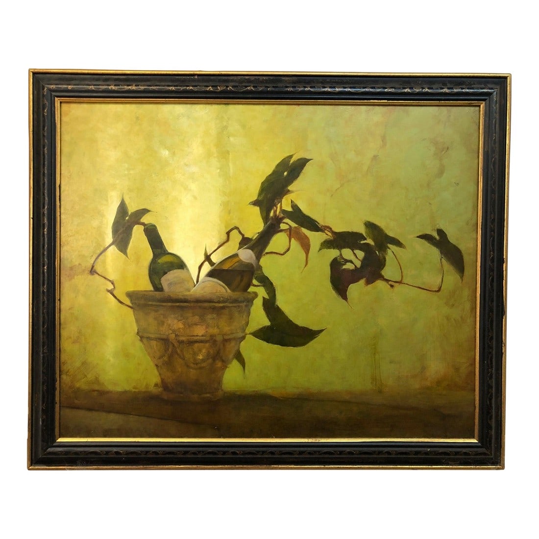 Late 20th Century Still Life With Wine and Plants – Original Oil Painting on Canvas: This original still life oil painting features a rich yellow-green background that highlights a decorative pot filled with wine and lush plants growing from it. The composition blends natural and