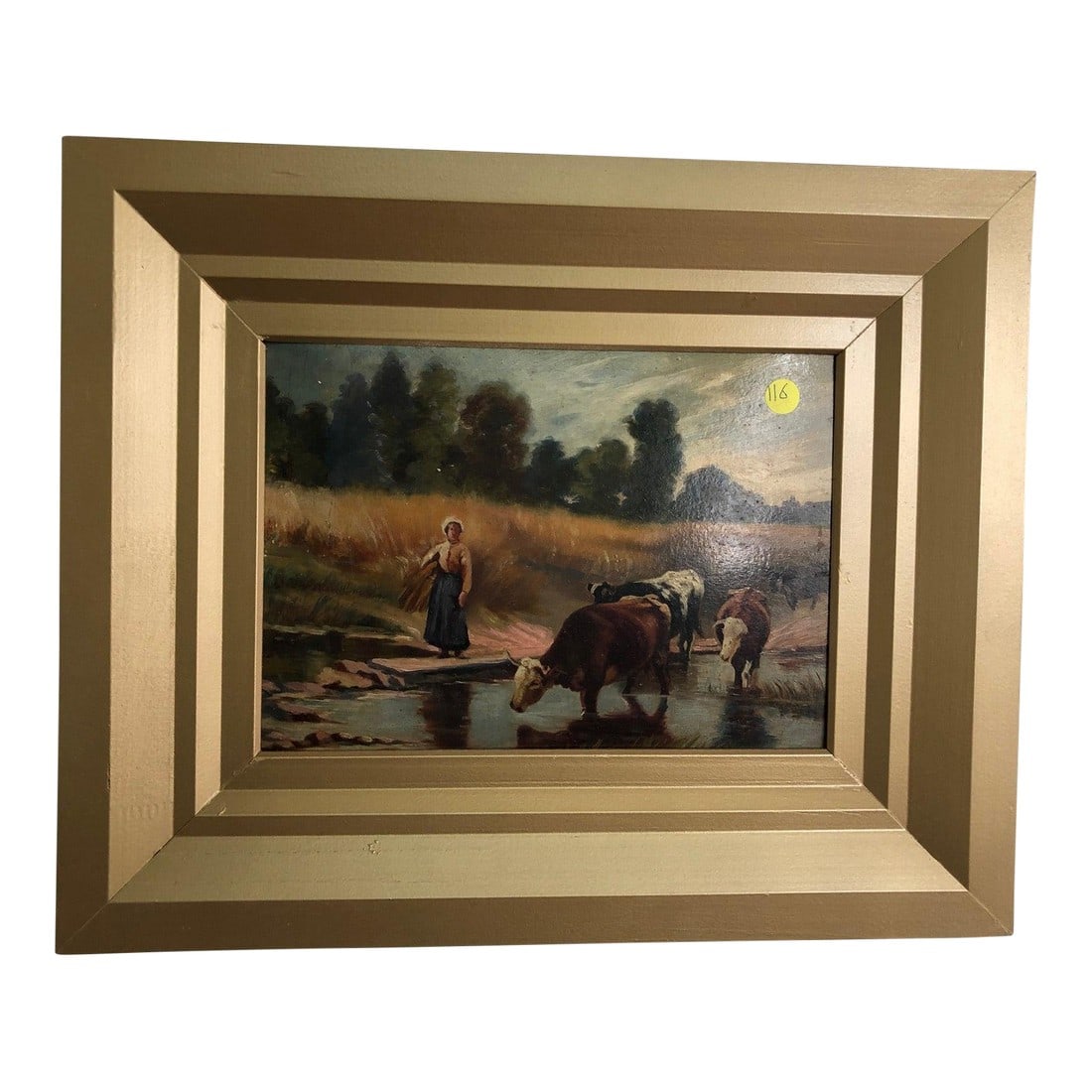 Antique 19th Century Oil on Board Pastoral Scene: Antique 19th Century Oil on Board Pastoral Scene Charming l19th century oil on board depicting a tranquil pastoral landscape. The scene features a figure standing at the edge of a shallow stream as