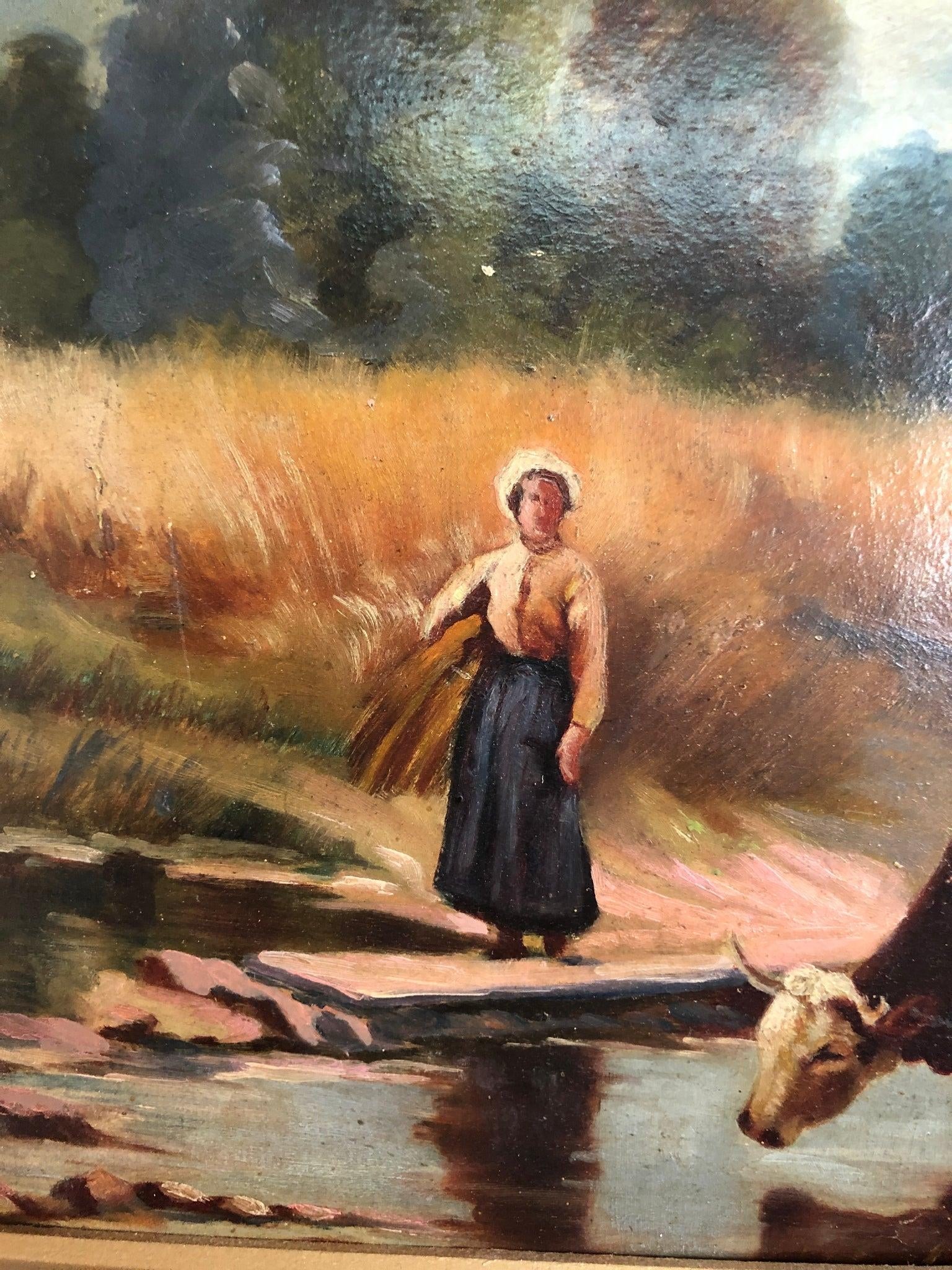 Antique 19th Century Oil on Board Pastoral Scene - 3