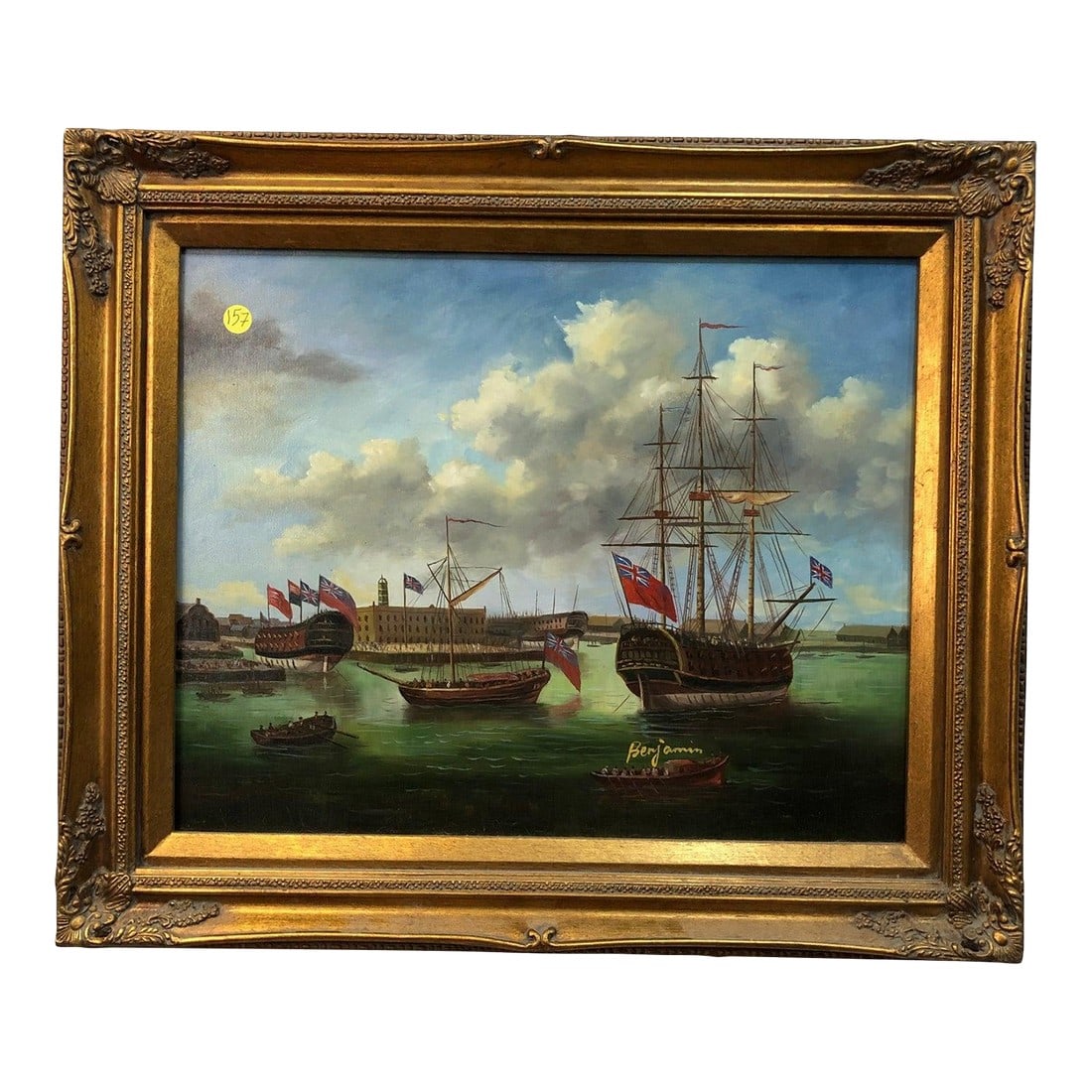 British Fleet of Ships on Water Original Signed Oil on Canvas: This original oil painting on canvas depicts a powerful fleet of British ships sailing on green-tinted waters, with dramatic clouds creating a striking contrast in the sky. The bold brushstrokes and