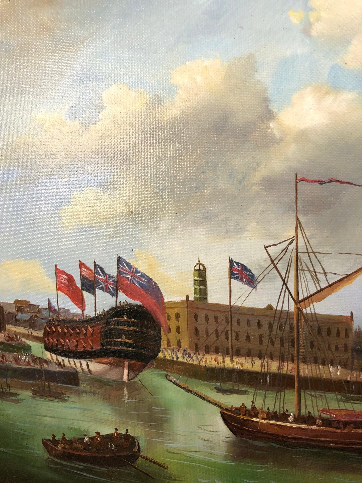 British Fleet of Ships on Water Original Signed Oil on Canvas - 3