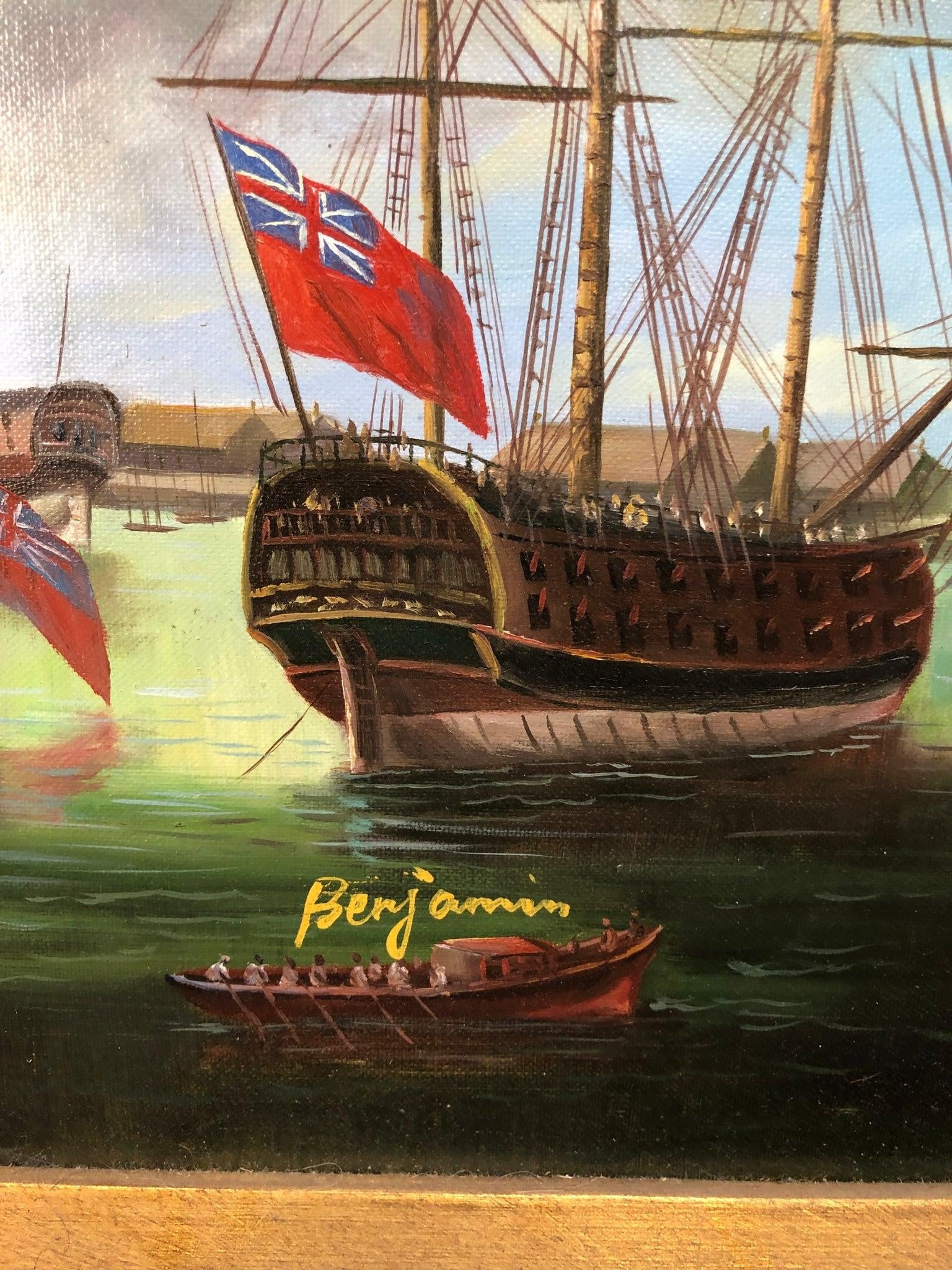 British Fleet of Ships on Water Original Signed Oil on Canvas - 4