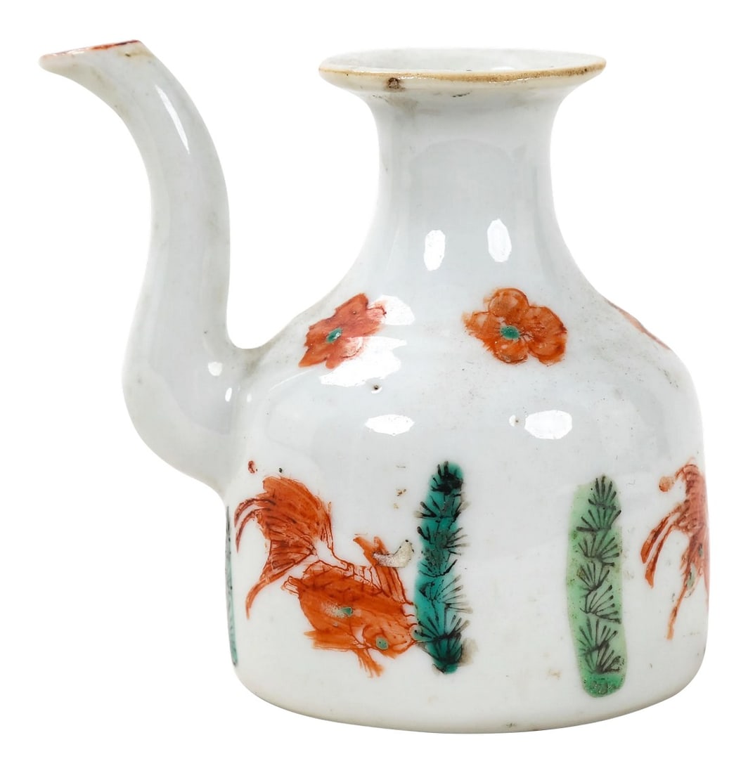 Chinese Ching Dynasty Vintage Porcelain Teapot With Goldfish: Vintage Porcelain teapot with a clear glaze and no handle. handpainted flowers, goldfish and pond grass. Condition: Alterations: Original Condition Unaltered Imperfections: Some Imperfections