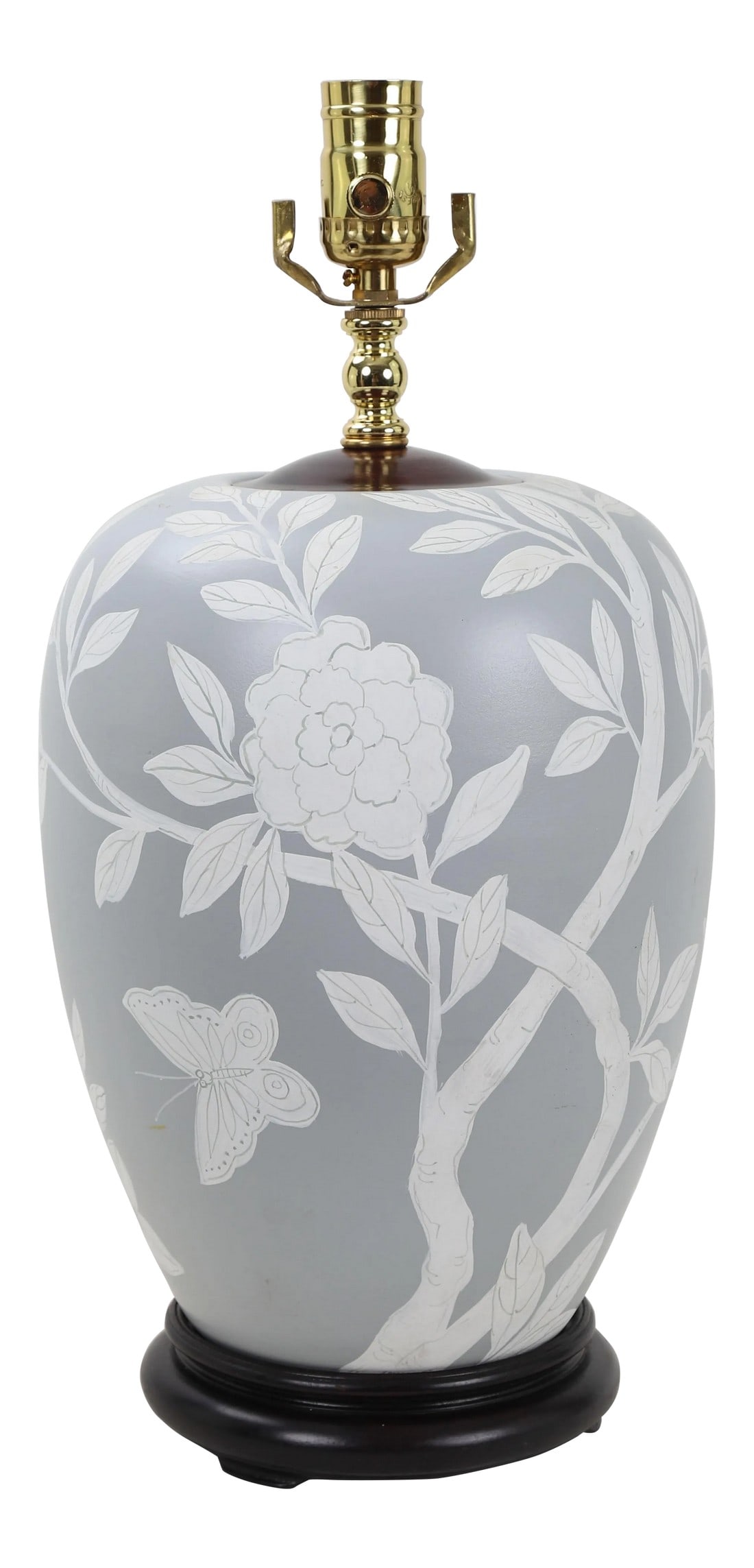 Vintage Frost GrayPorcelain Ginger Jar Lamp: Vintage porcelain ginger jar lamp glazed in a frost gray color with painted white branches and flowers. Condition: Alterations: Original Condition Unaltered Imperfections: Some Imperfections