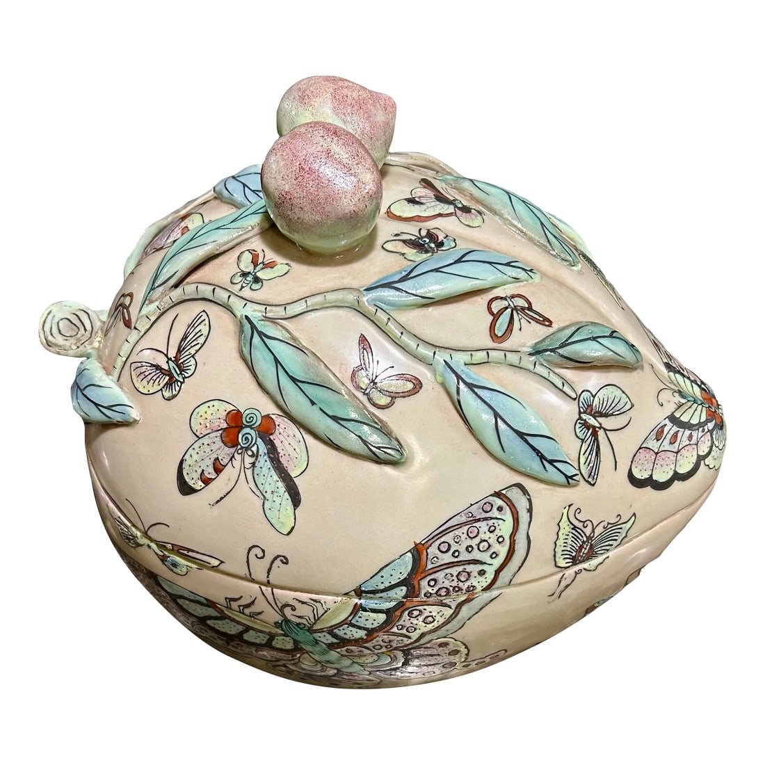 Antique 19th Century Chinese Porcelain Tabletop Ware, With Soft Pastel Colors in the Famille Rose Pa: Nothing seems to complement the warmer weather better than cool, pastel colors"”and this lidded, serving bowl (in the shape of a peach!) possesses a great many of them! From its blushing peach