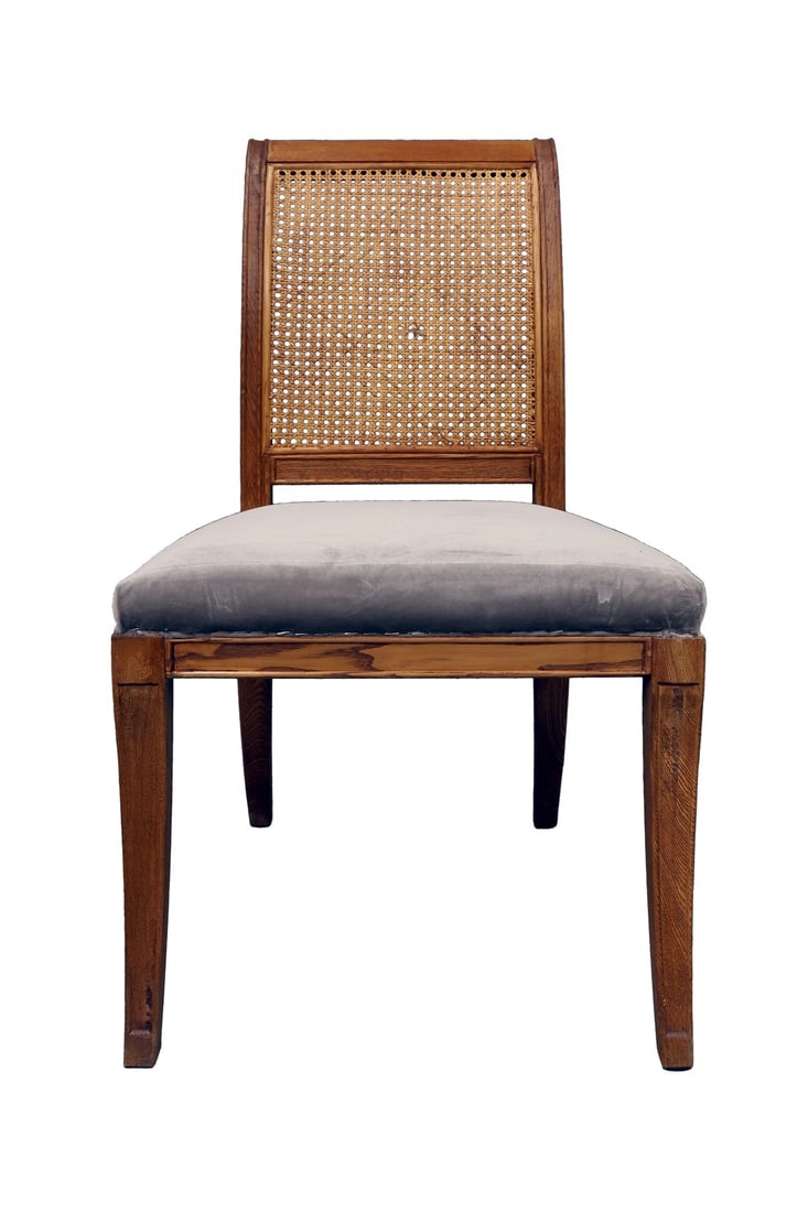 Vintage Mid Century Upholstered Chair: Upholstered Chair with square caning weave back and tapered legs.Weave style back evokes summer homes and light breezes. Condition: Imperfections: Some Imperfections Condition Notes: Good