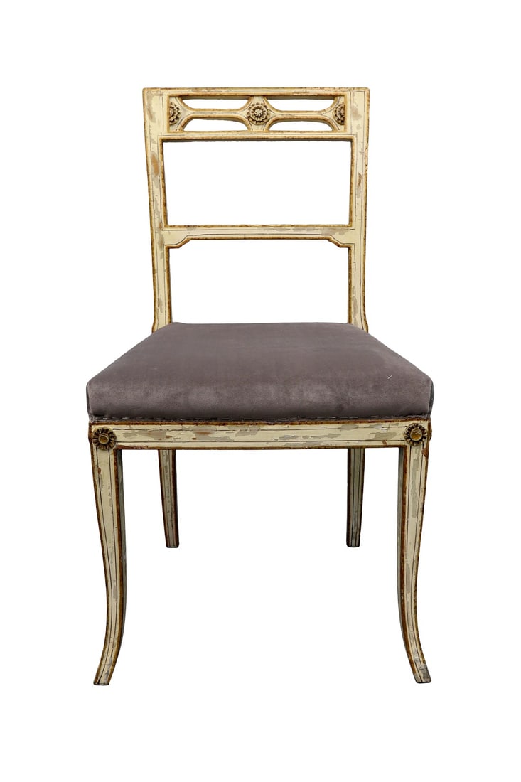 Vintage Mid Century Upholstered Chair: Vintage upholstered chair with antique white distress finish and carved flower medallions on the backs and corners of the tapered legs. Condition: Imperfections: Some Imperfections Condition