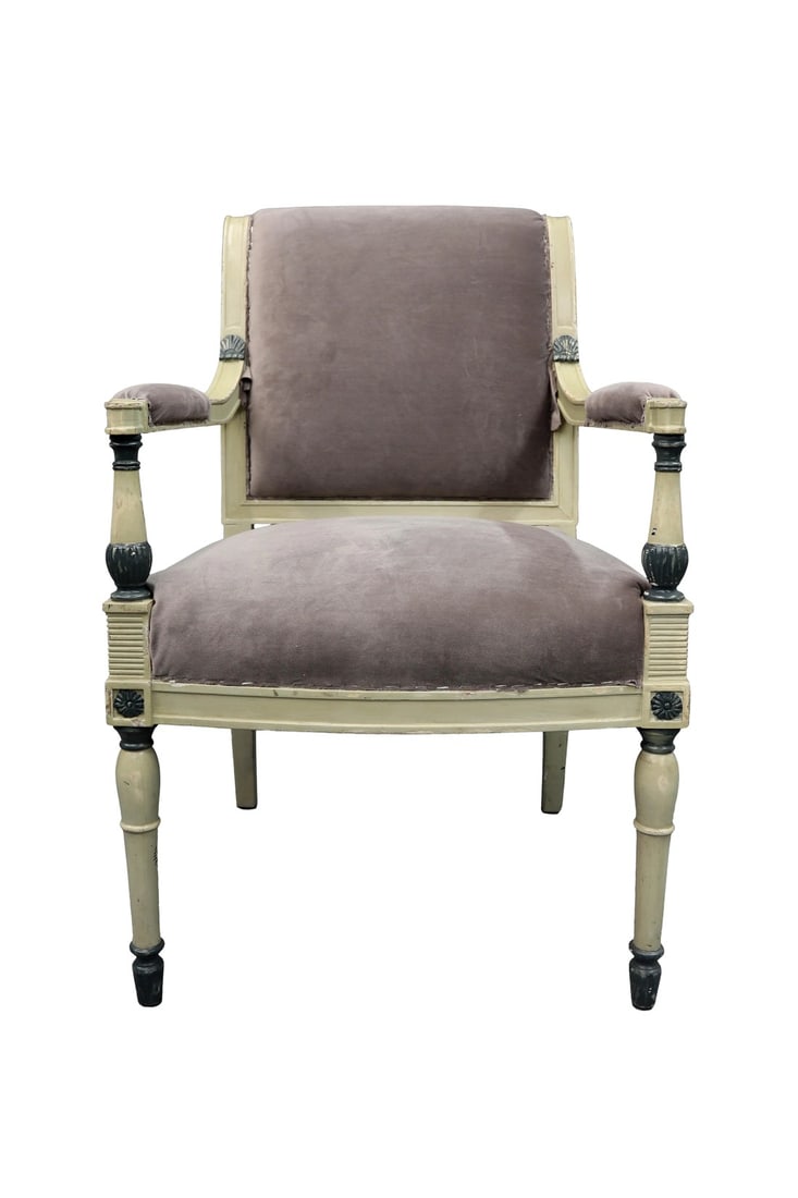 Vintage Gray Upholstered Arm Chair: This arm chair is upholstered in a grey fabric, providing comfortable arm rests as well. Legs are turned and tapered, painted in an off light celadon /blue color. Condition: Alterations: Original