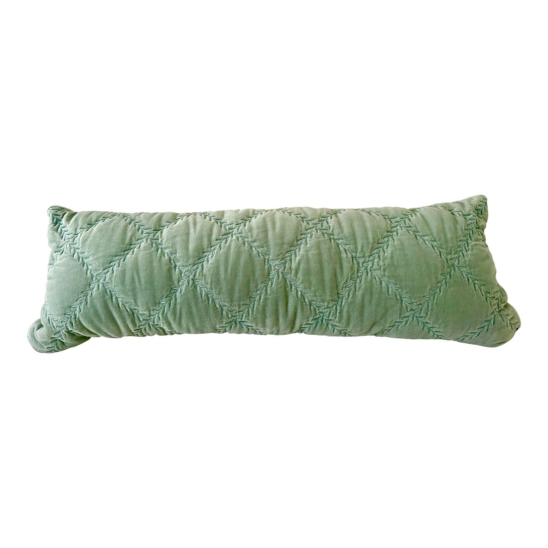 Bella Notte and Linen Long Lumber Pillow in Eucalyptus: Bella Notte Long Lumber Pillow in Eucalyptus. Color between soft bottle green and light green-blue. Custom made long lumber pillow made with Bella Notte Linen fabric cotton velvet. Fabric has been