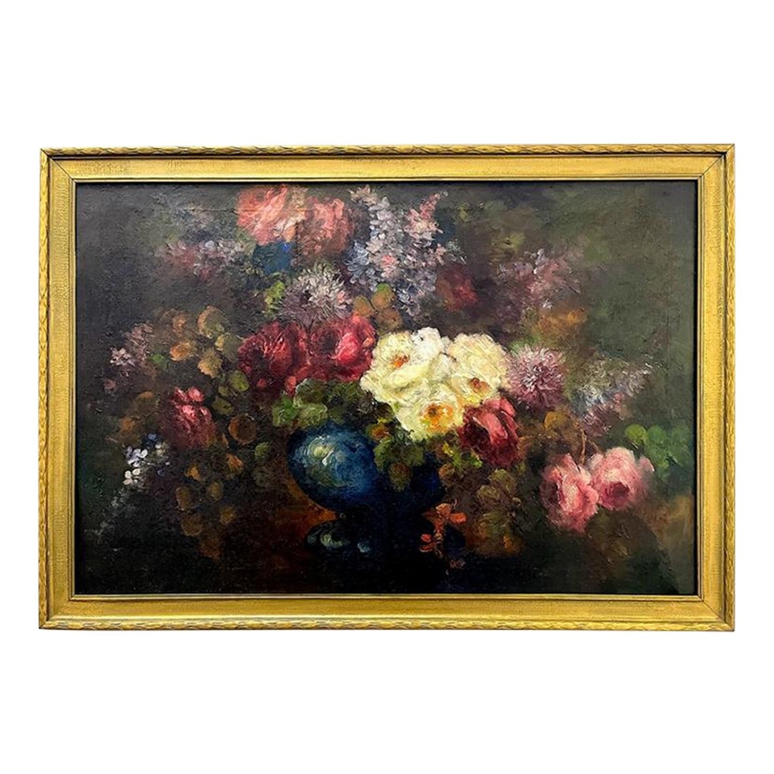 Early 20th Century Floral Still Life Oil Painting on Canvas, Framed: Utterly charming, this painting may be unsigned yet it's obviously the work of a highly skilled artist. A dramatic arrangement of roses and other blossoms cascade out of a cobalt vase against a
