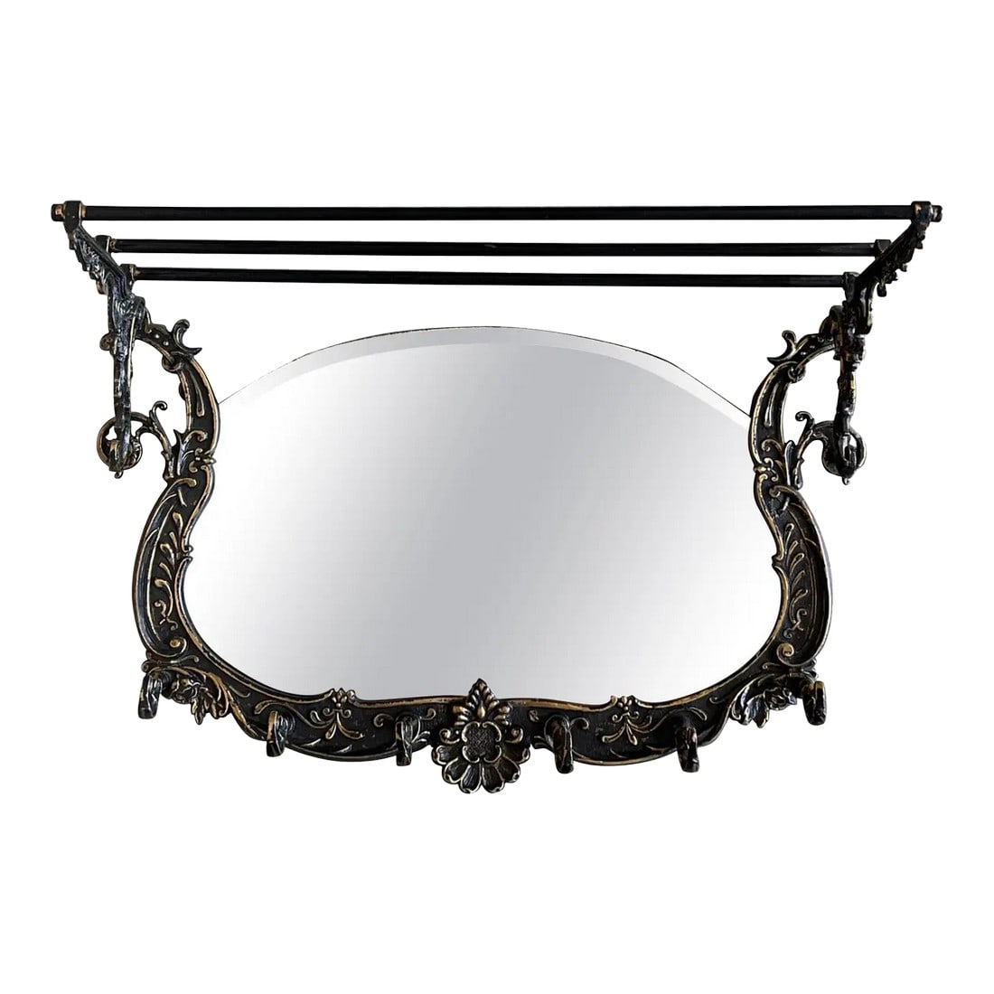 19th Century French Bronze Wall Mounted Coat Rack With Mirror: 19th French bronze wall-mounted coat rack with mirror and six hangers. Dimensions: Height: 15.75 in (40 cm)Width: 22.25 in (56.5 cm)Depth: 10.04 in (25.5 cm) Style: Baroque (In the Style Of)