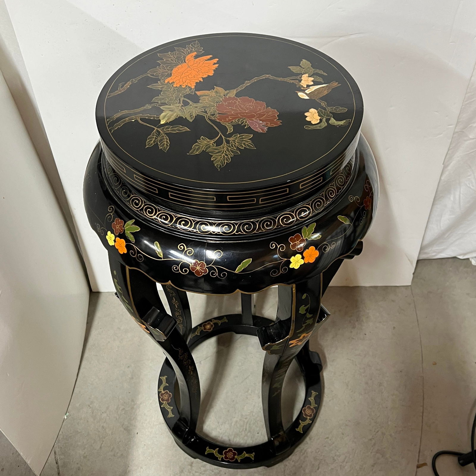 Chinoiserie Black Lacquer/Floral Birds Design Pedestal Plant Stand - 2