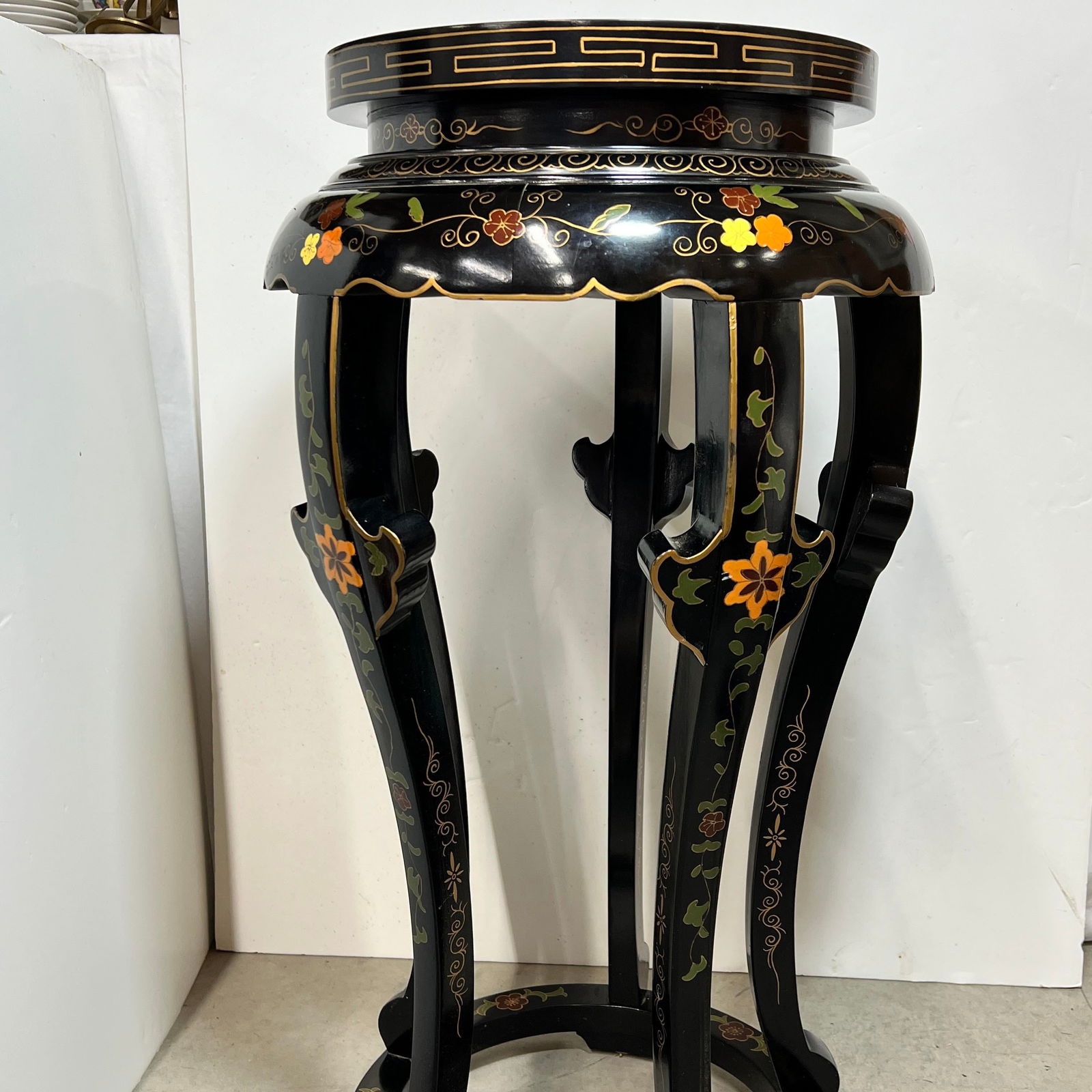 Chinoiserie Black Lacquer/Floral Birds Design Pedestal Plant Stand - 3