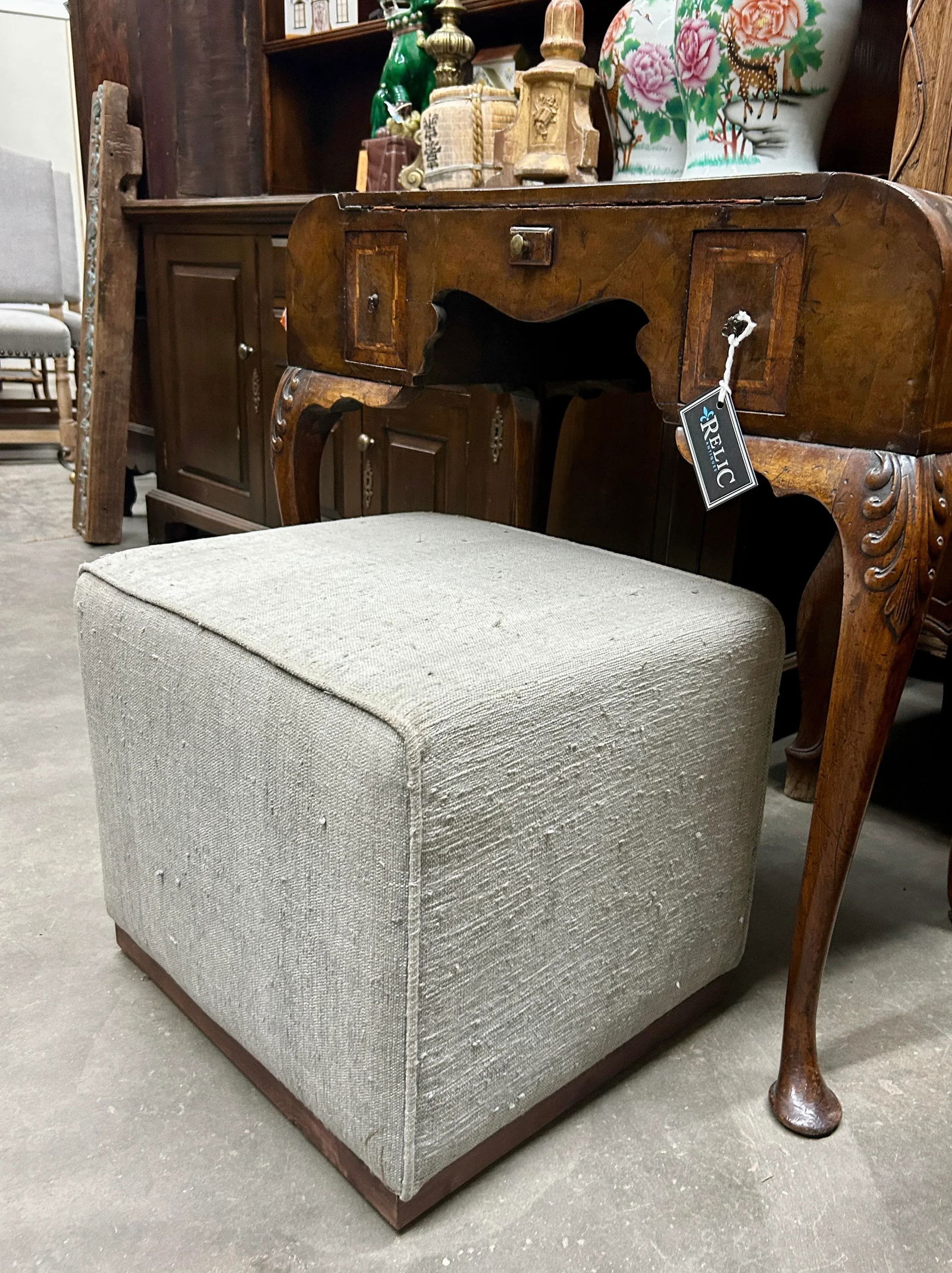 Vintage Light Grey-White Turkish Rug Square Ottoman Stool - 6