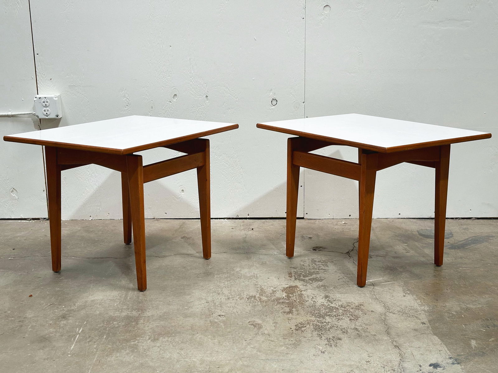 1960s Jens Risom Side Tables - Midcentury Danish Modern - Pair Walnut Formica Floating Top End Table - 2