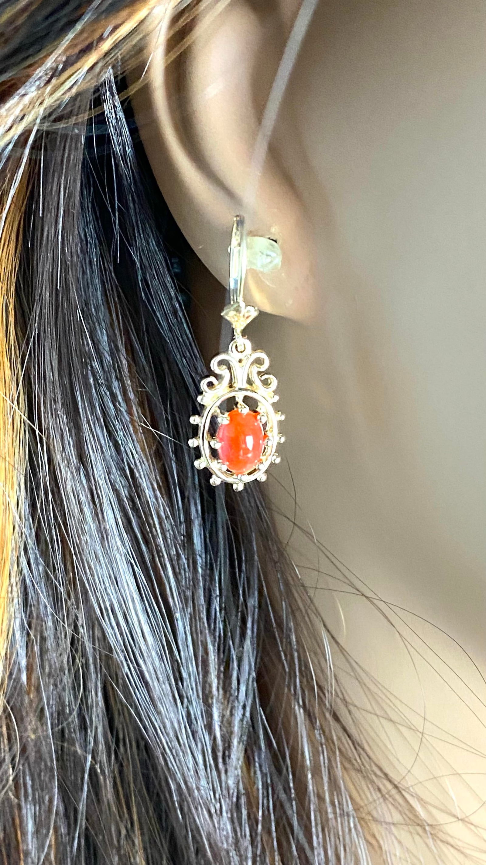Vintage 14 Karat Yellow Gold Coral Lever Back 1.25 Inch Long Drop Earrings - 2 Pieces - 10